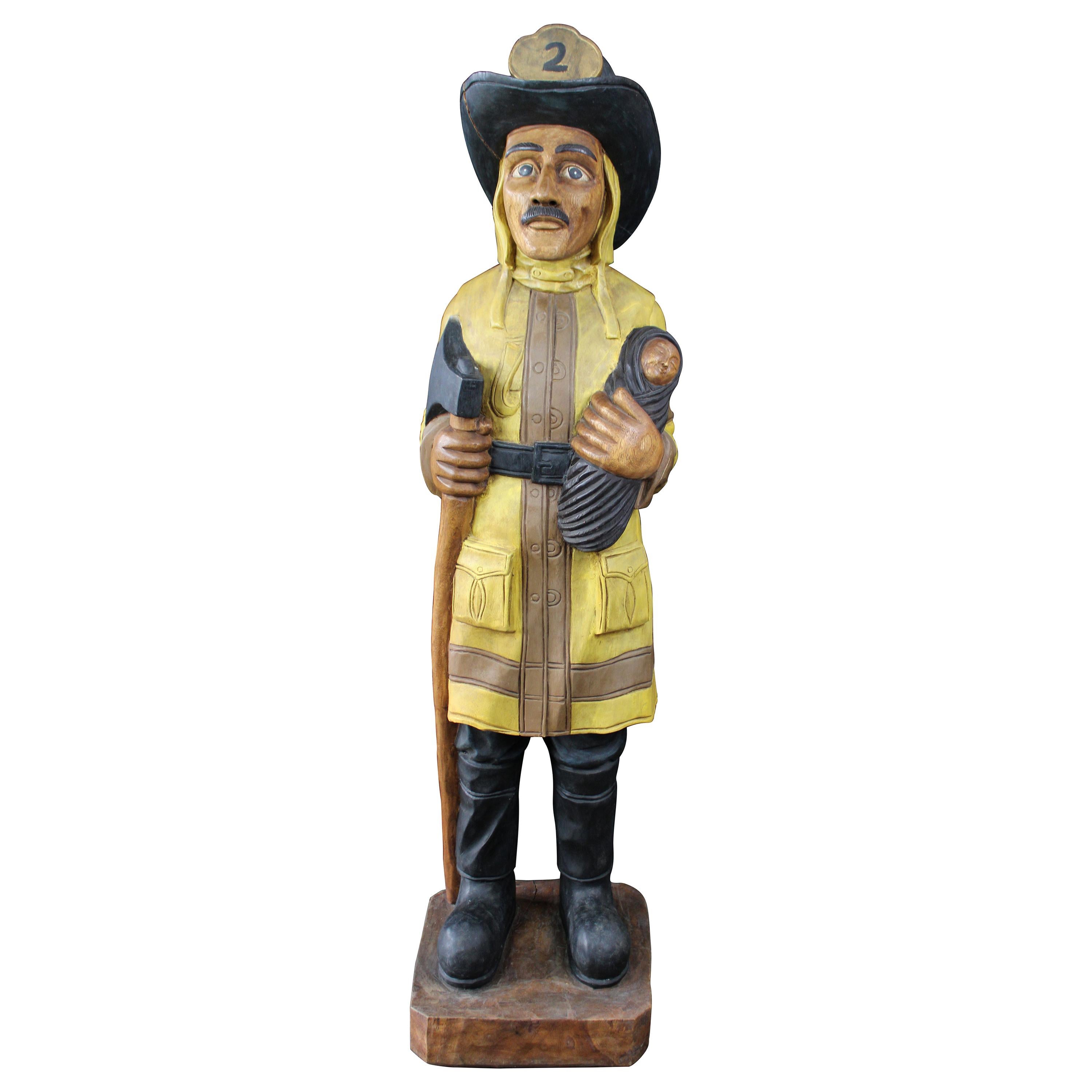 Cigar Store Life-Size Carved Fireman Figure Firefighter Sculpture Statue
