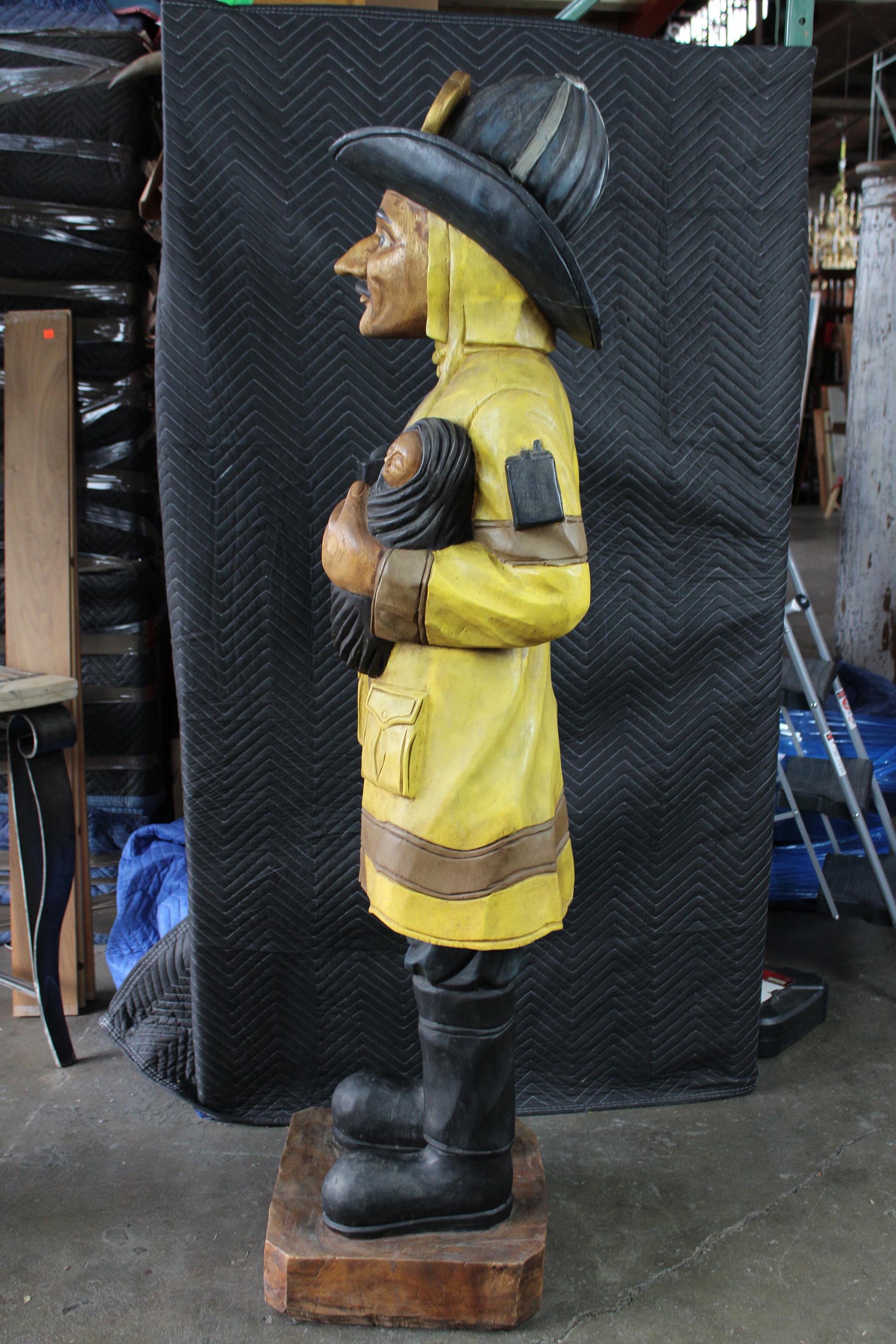 Folk Art Cigar Store Life-Size Carved Fireman Figure Firefighter Sculpture Statue