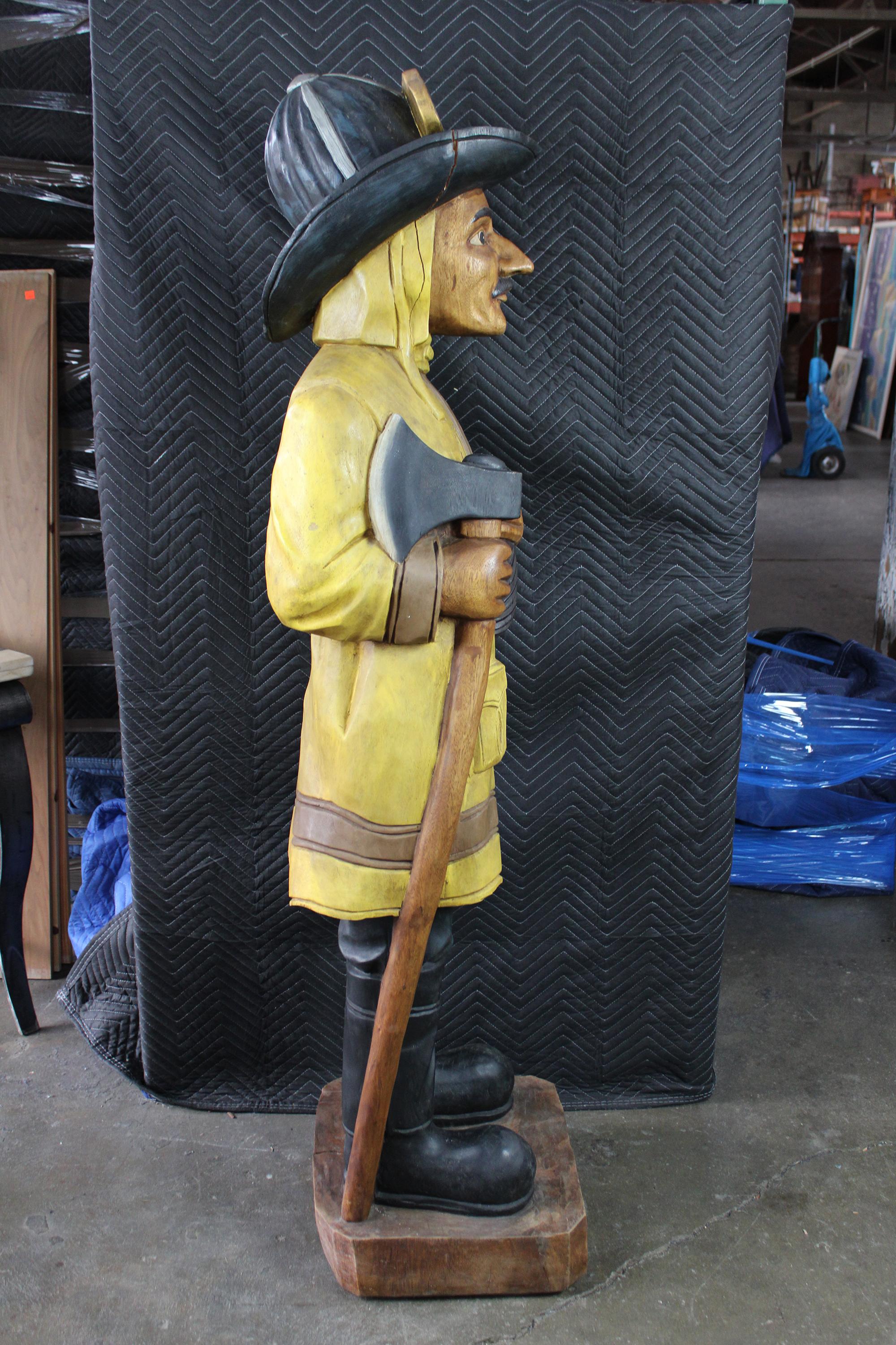 20th Century Cigar Store Life-Size Carved Fireman Figure Firefighter Sculpture Statue