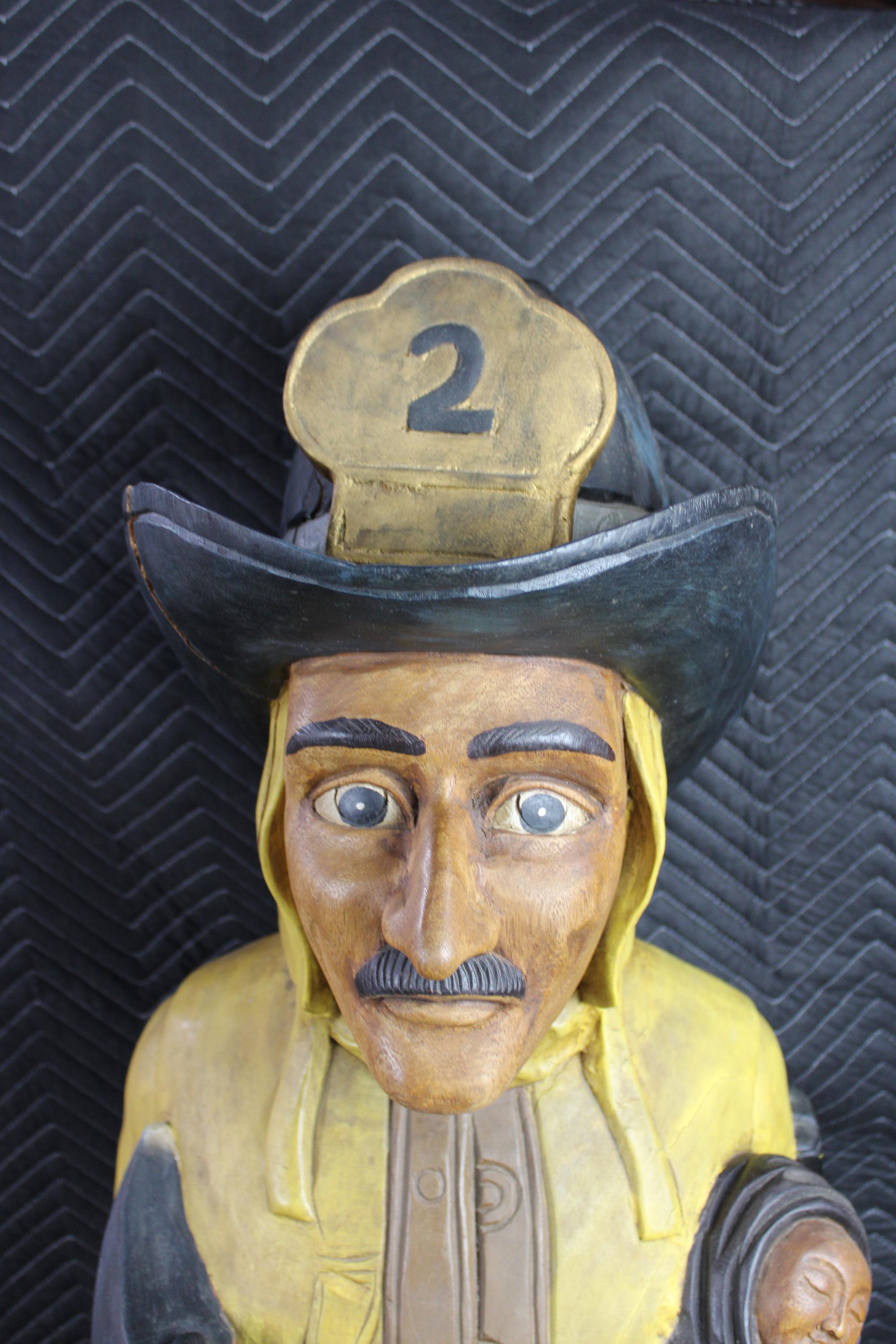 Hardwood Cigar Store Life-Size Carved Fireman Figure Firefighter Sculpture Statue
