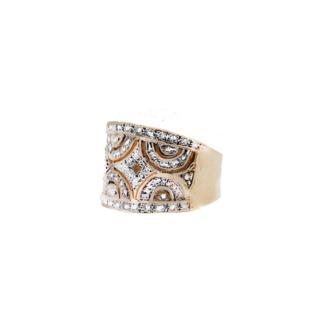 Wide, Scrolled 14 Karat Gold Band Ring is encrusted with .35 carat diamonds.

 Open cut out or see through holes in the setting accompany this 14mm band with pave set diamonds (70) set on 14 karat gold.
The diamonds are SI2-3 clarity and H-I color