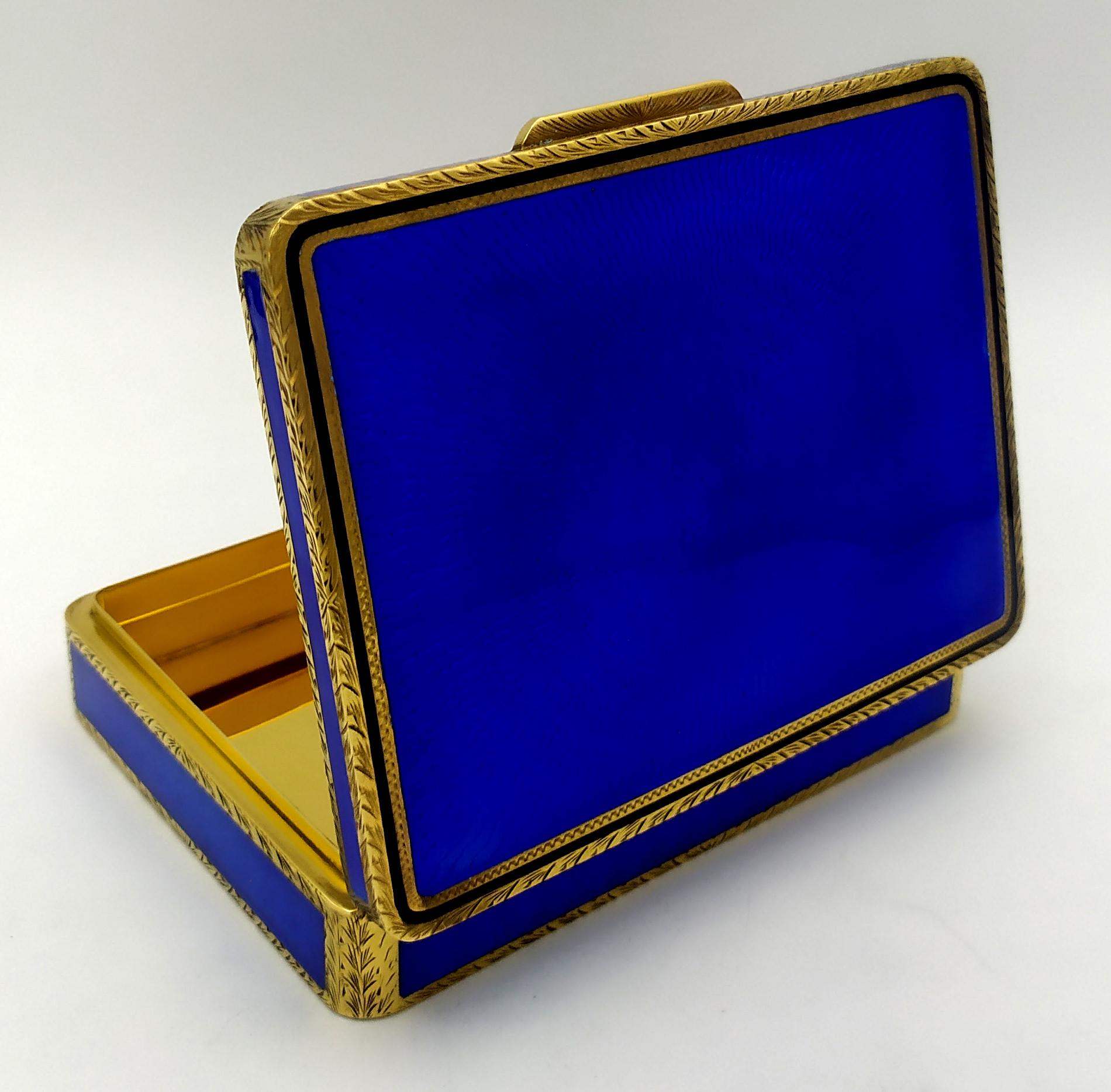 Modern Cigarette Box Rectangular for table blue enamel on guilloche Salimbeni. For Sale
