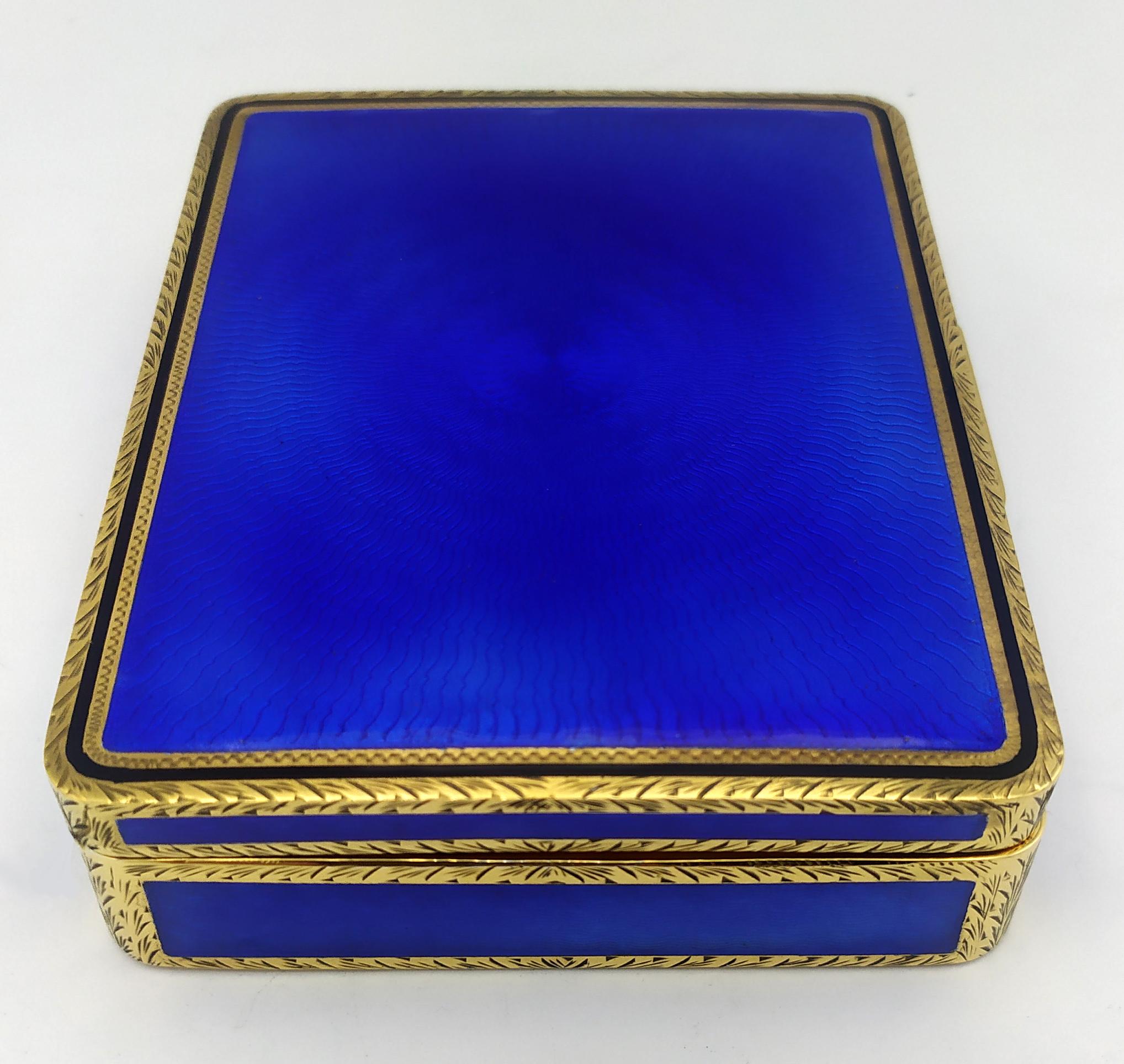 Enameled Cigarette Box Rectangular for table blue enamel on guilloche Salimbeni. For Sale