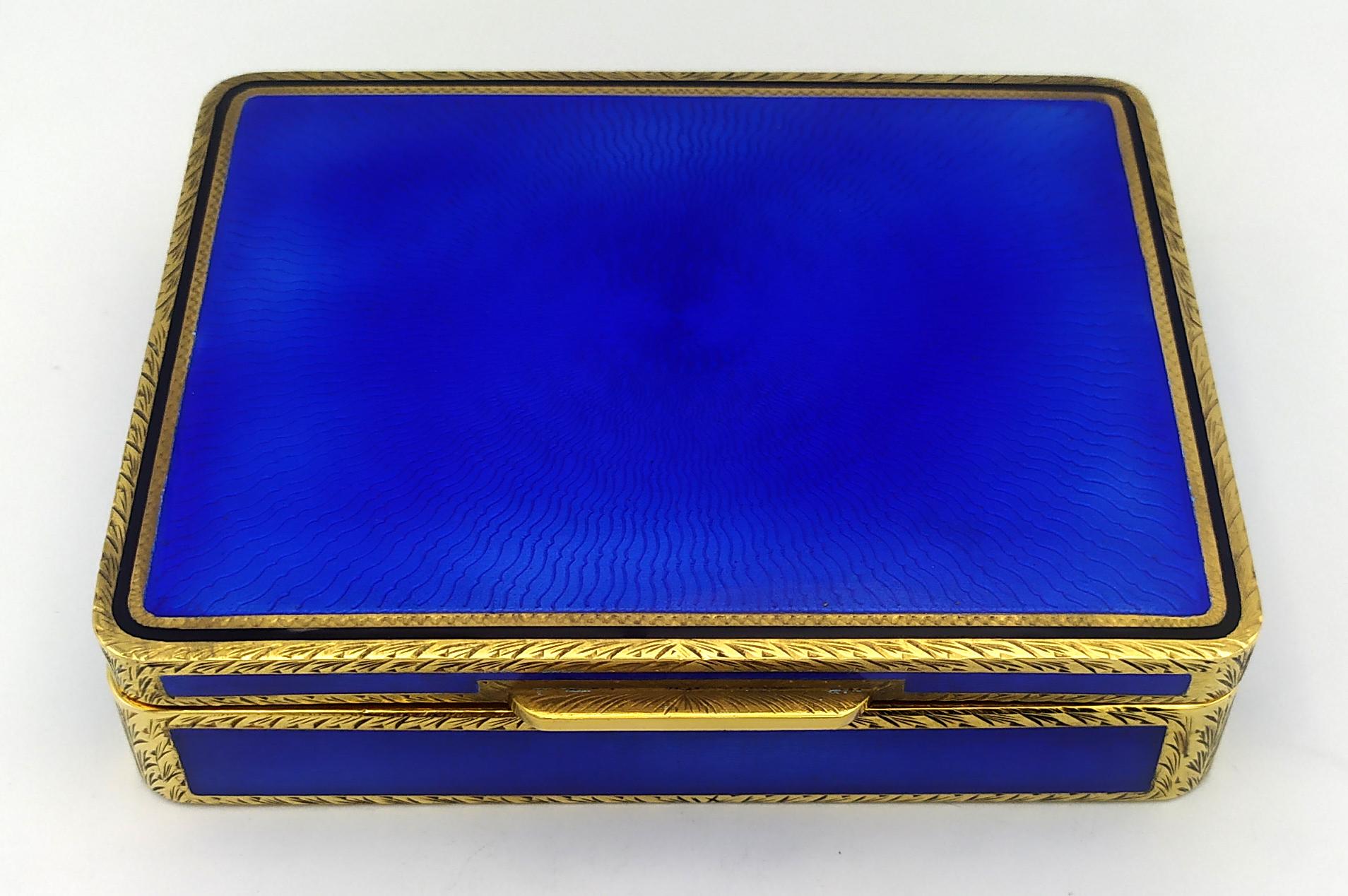 Late 20th Century Cigarette Box Rectangular for table blue enamel on guilloche Salimbeni. For Sale