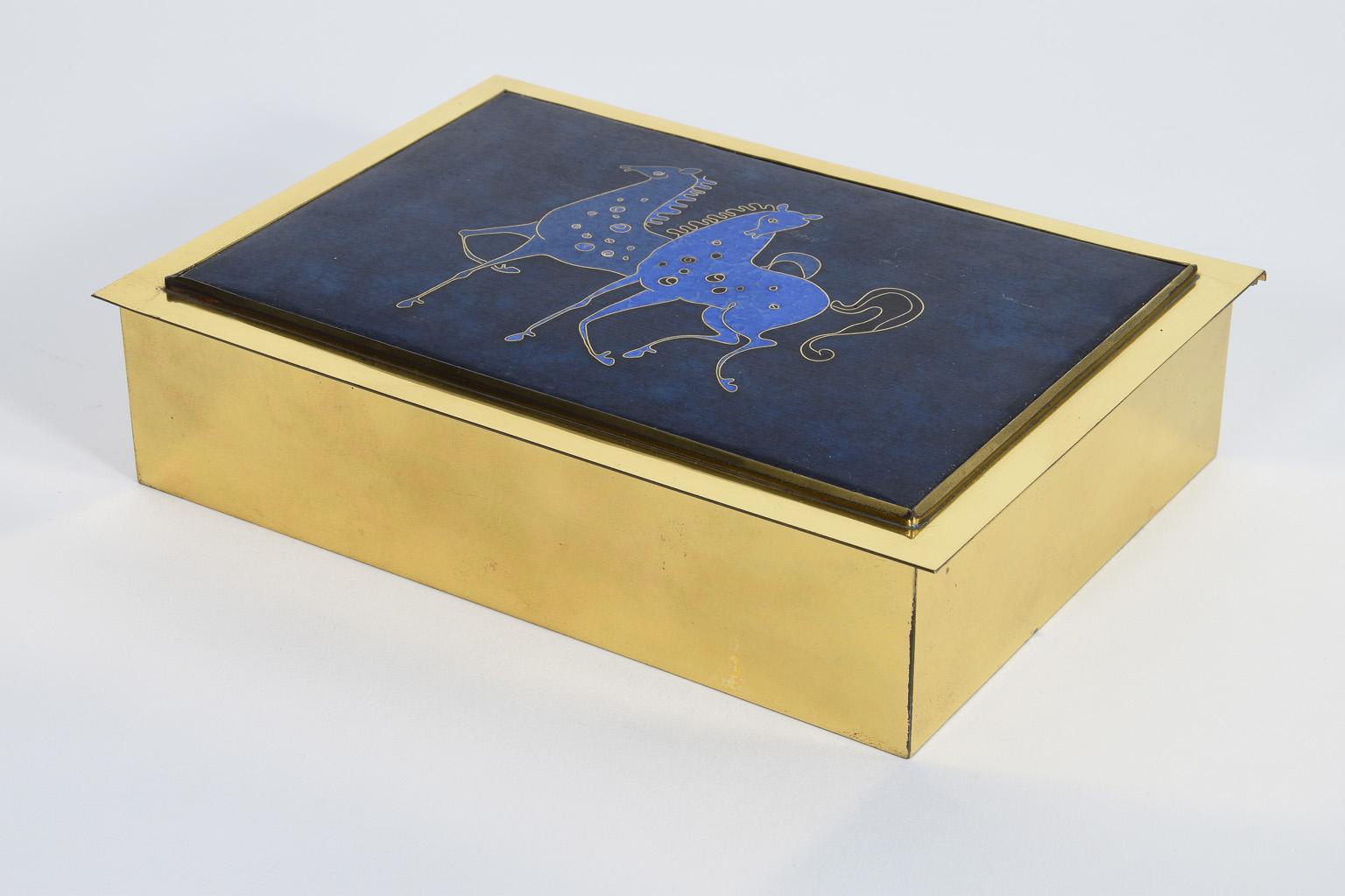 Cigarette Brass Box with Enamelled Lid and Horse Inlay 1960s, Italy For Sale 6