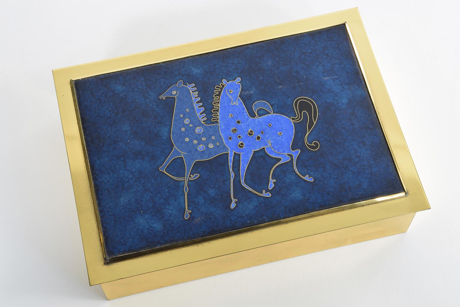 Cigarette Brass Box with Enamelled Lid and Horse Inlay 1960s, Italy In Good Condition For Sale In Nürnberg, Bavaria