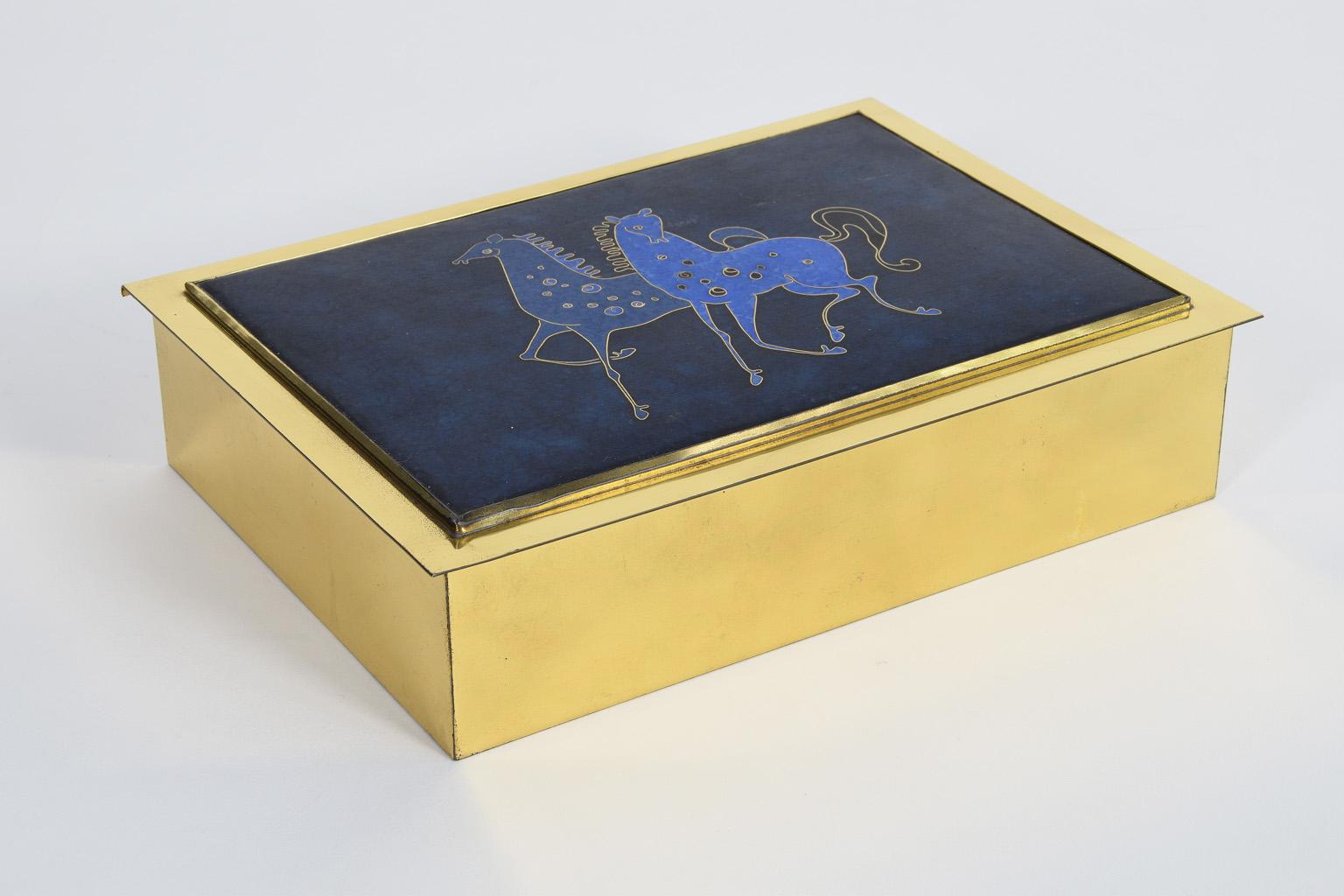 Cigarette Brass Box with Enamelled Lid and Horse Inlay 1960s, Italy For Sale 3