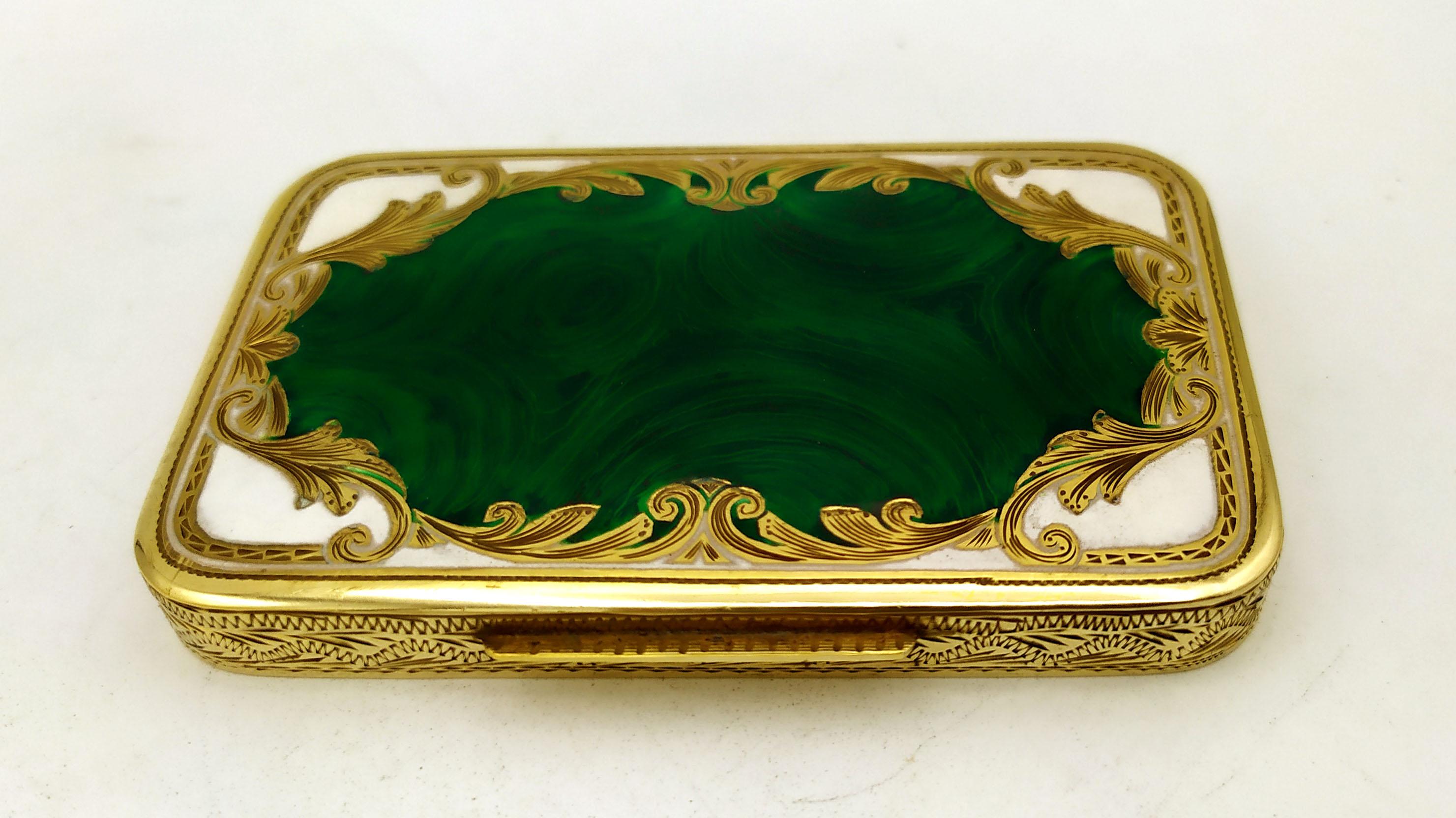 Cigarette Case rectangular  with rounded corners in 925/1000 sterling silver gold plated with Baroque style hand engraving and hand-painted fired enamel such as malachite stone. Measurement cm. 5.8 x 9 x 1.2 Weight gr. 125. Made in 1977 in Florence