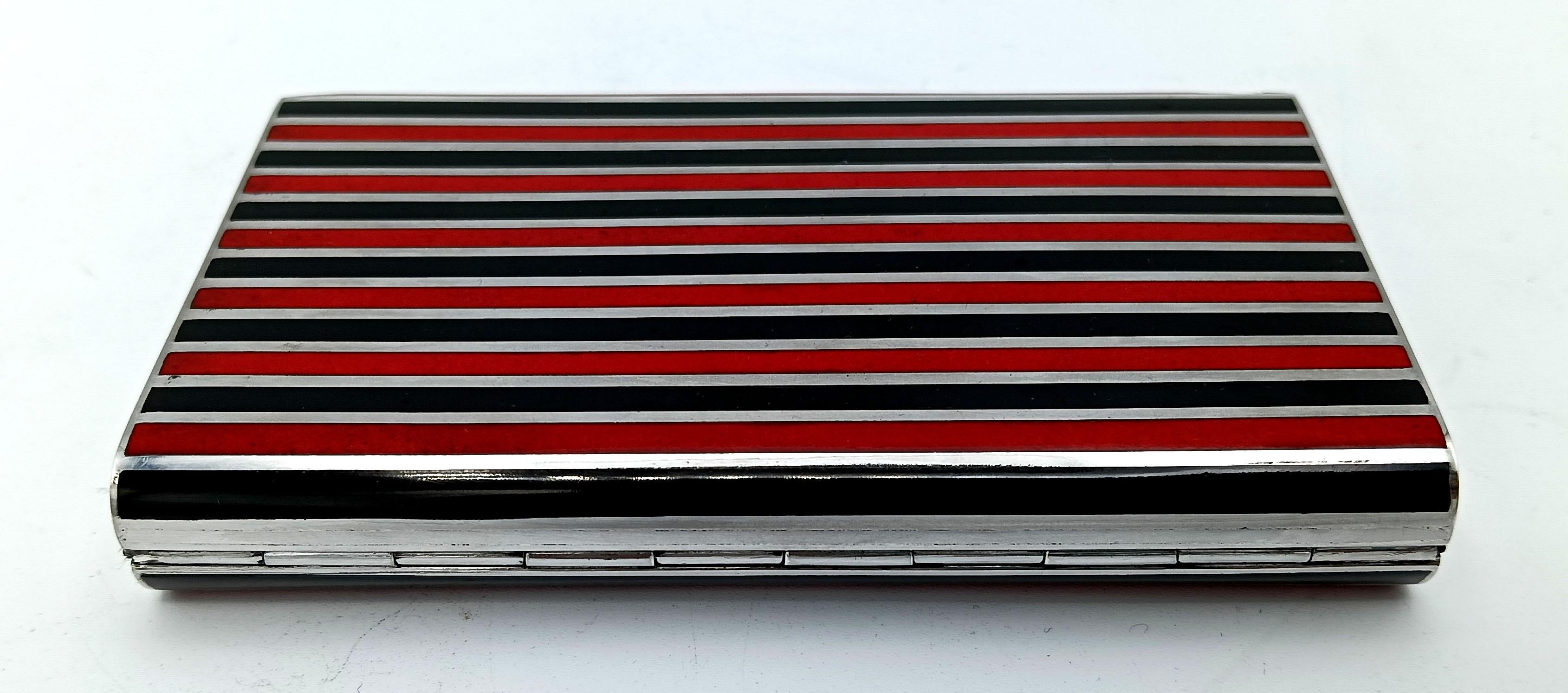 Sterling Silver Cigarette Case black and red lines Art Deco style Salimbeni For Sale