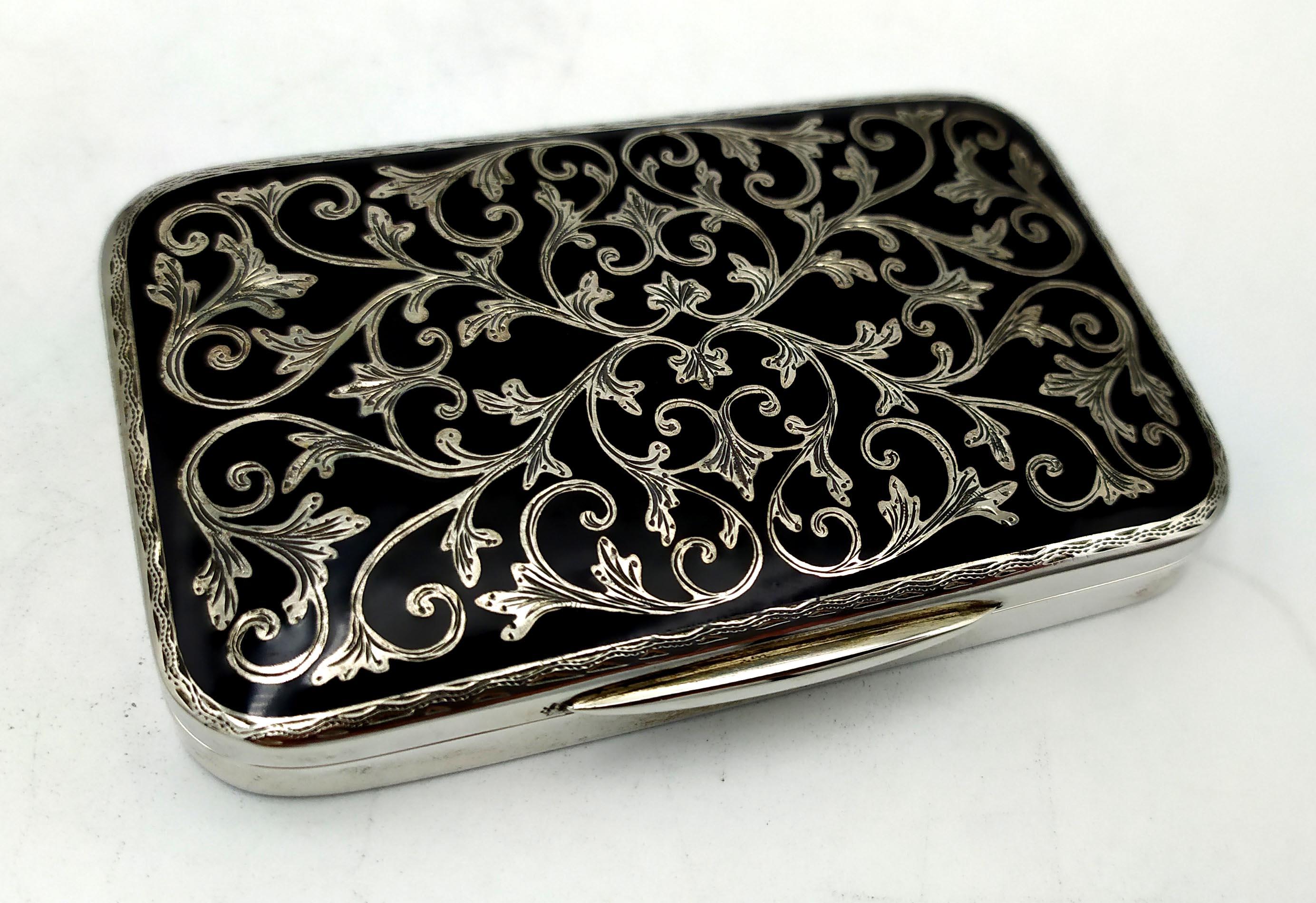 Italian Cigarette Case Black Baroque style hand engraving Sterling Silver Salimbeni For Sale