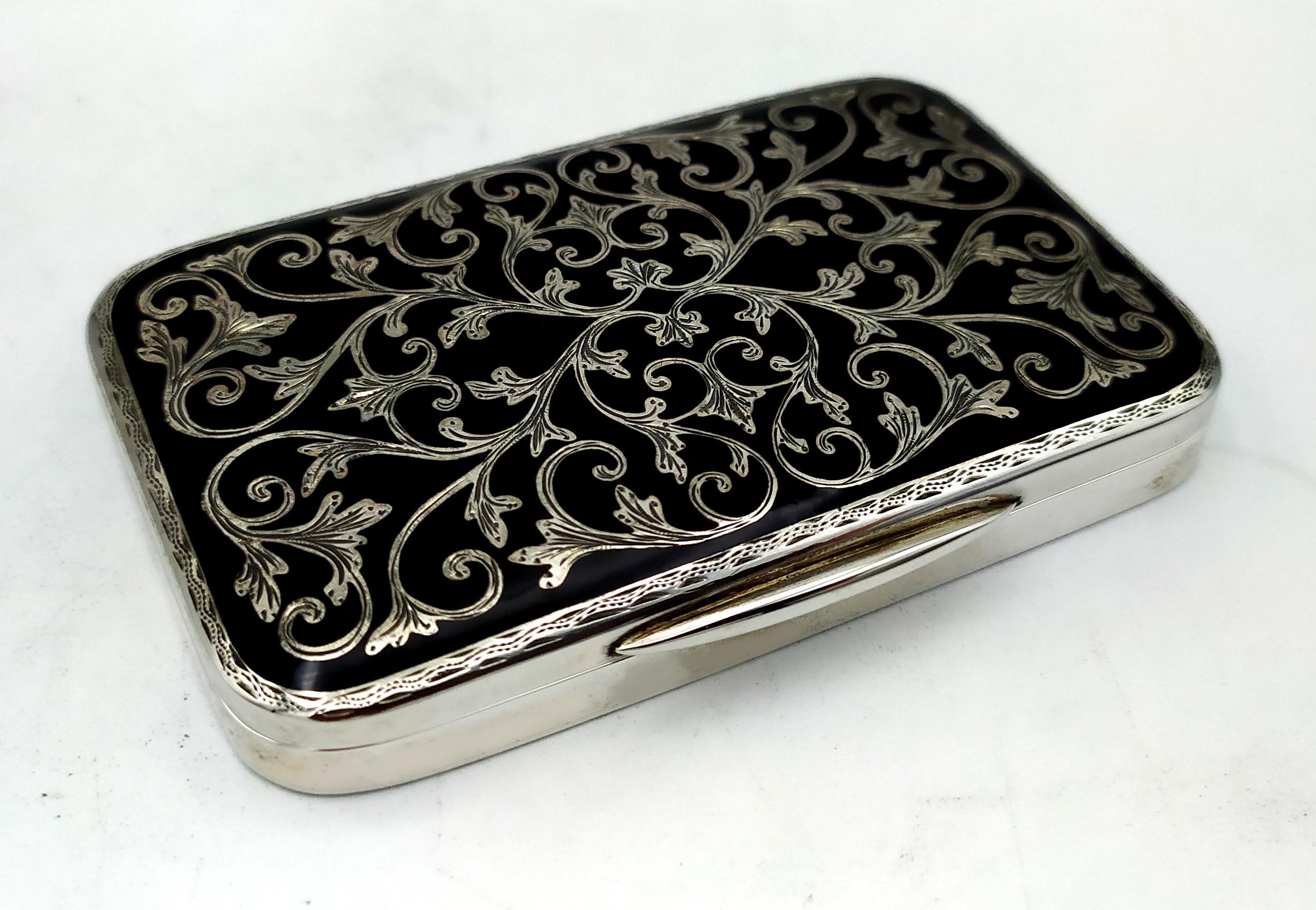 Hand-Painted Cigarette Case Black Baroque style hand engraving Sterling Silver Salimbeni For Sale