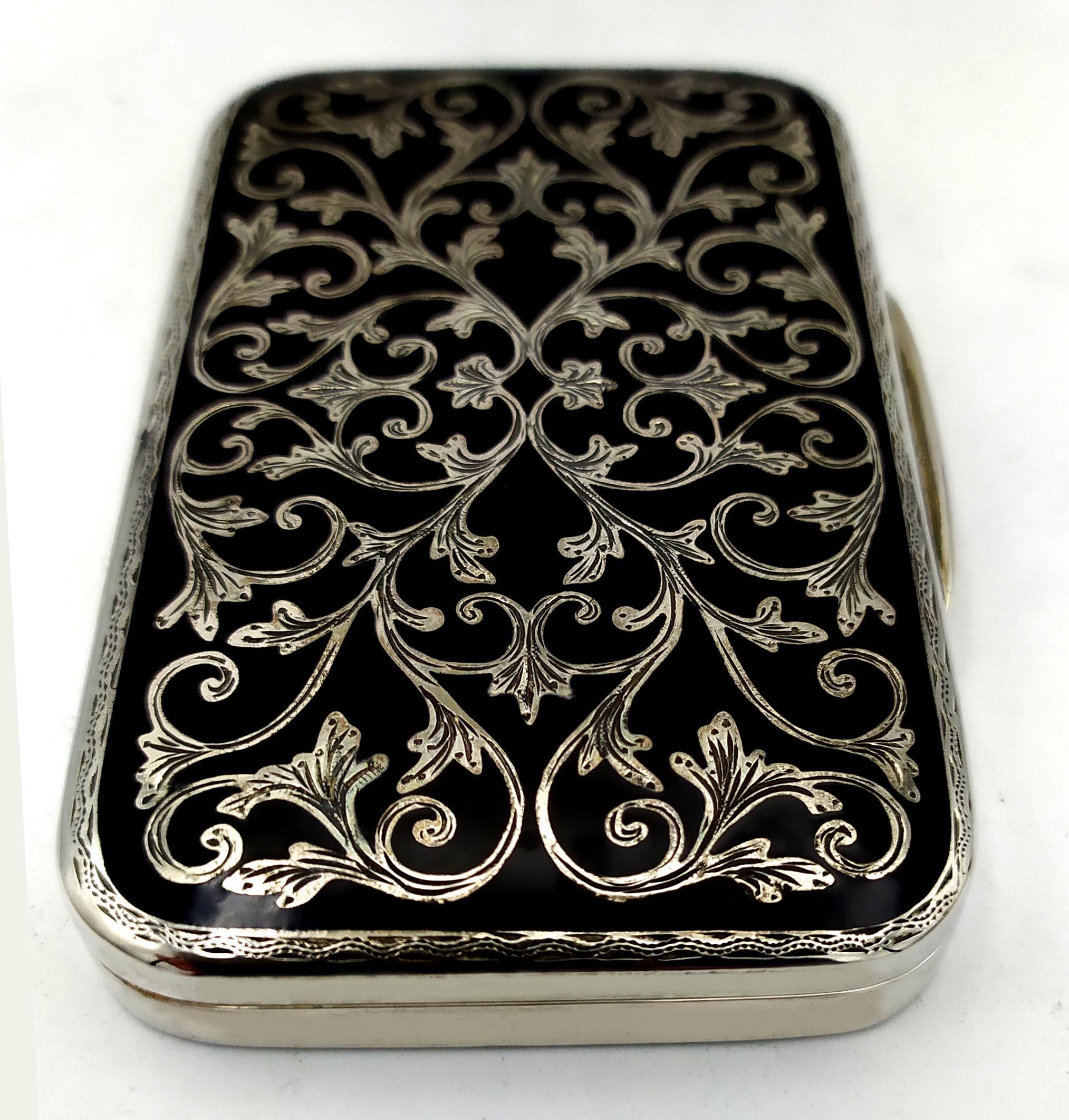 Late 20th Century Cigarette Case Black Baroque style hand engraving Sterling Silver Salimbeni For Sale