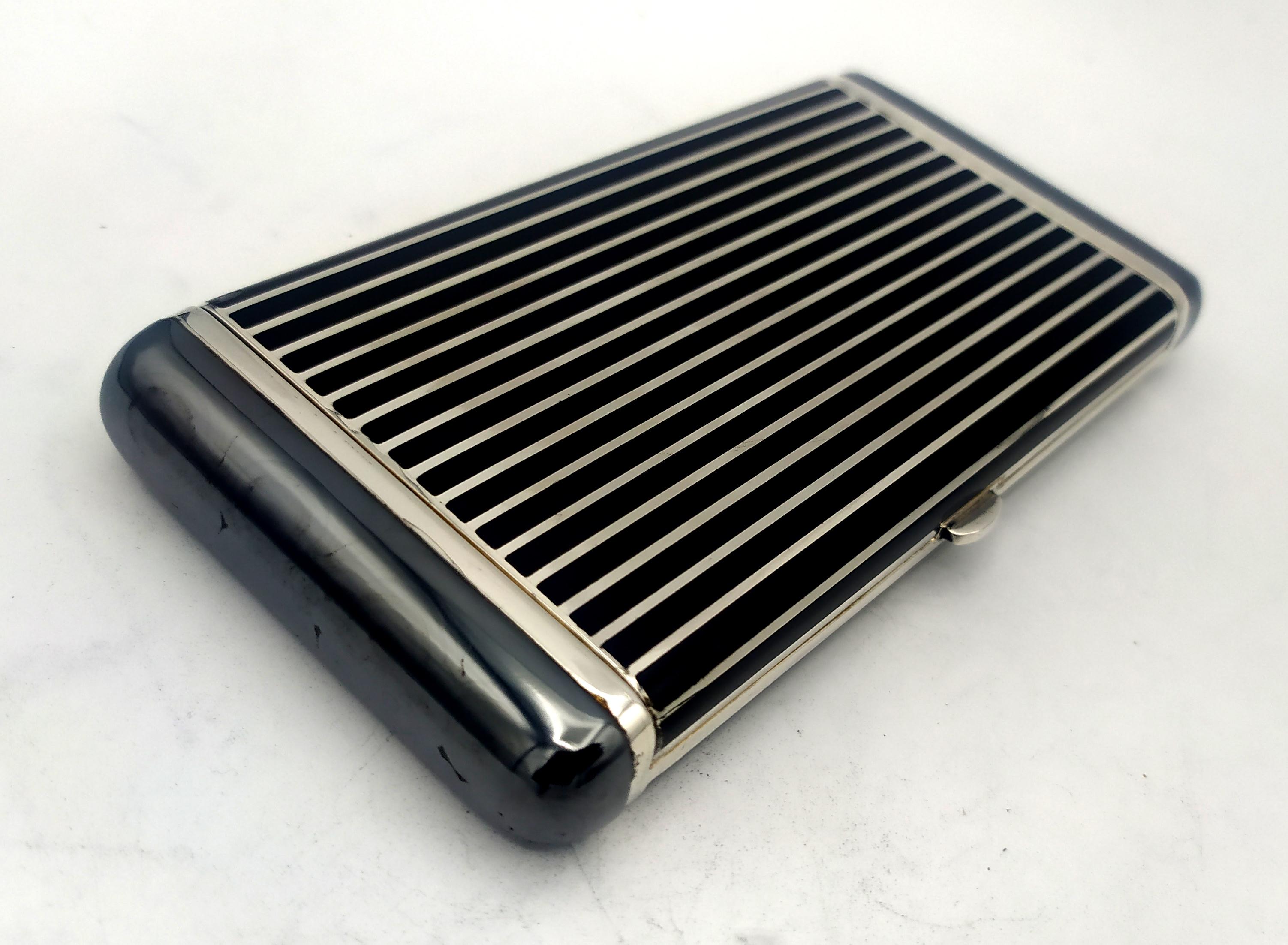 Art Deco Cigarette Case black lines and hematite stone Sterling Silver Salimbeni