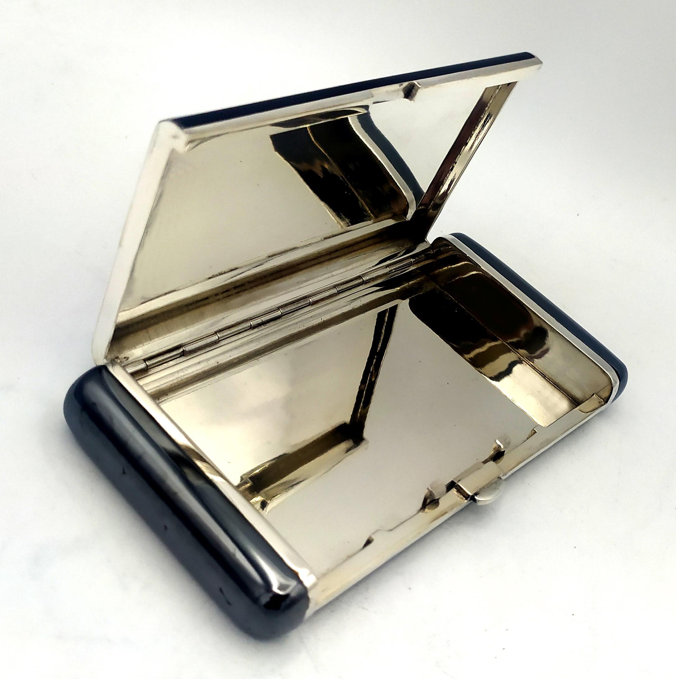 Italian Cigarette Case black lines and hematite stone Sterling Silver Salimbeni