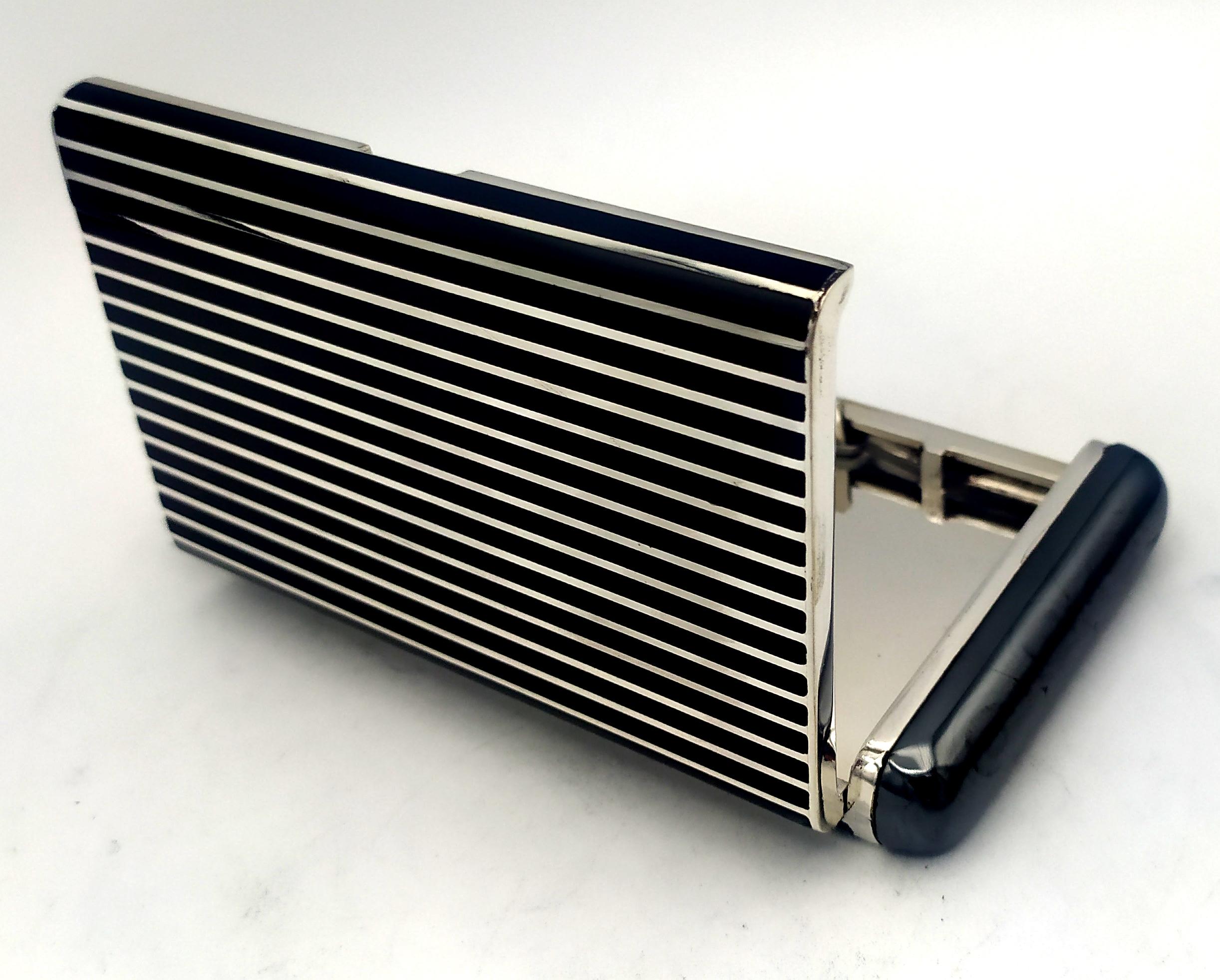 Hand-Carved Cigarette Case black lines and hematite stone Sterling Silver Salimbeni