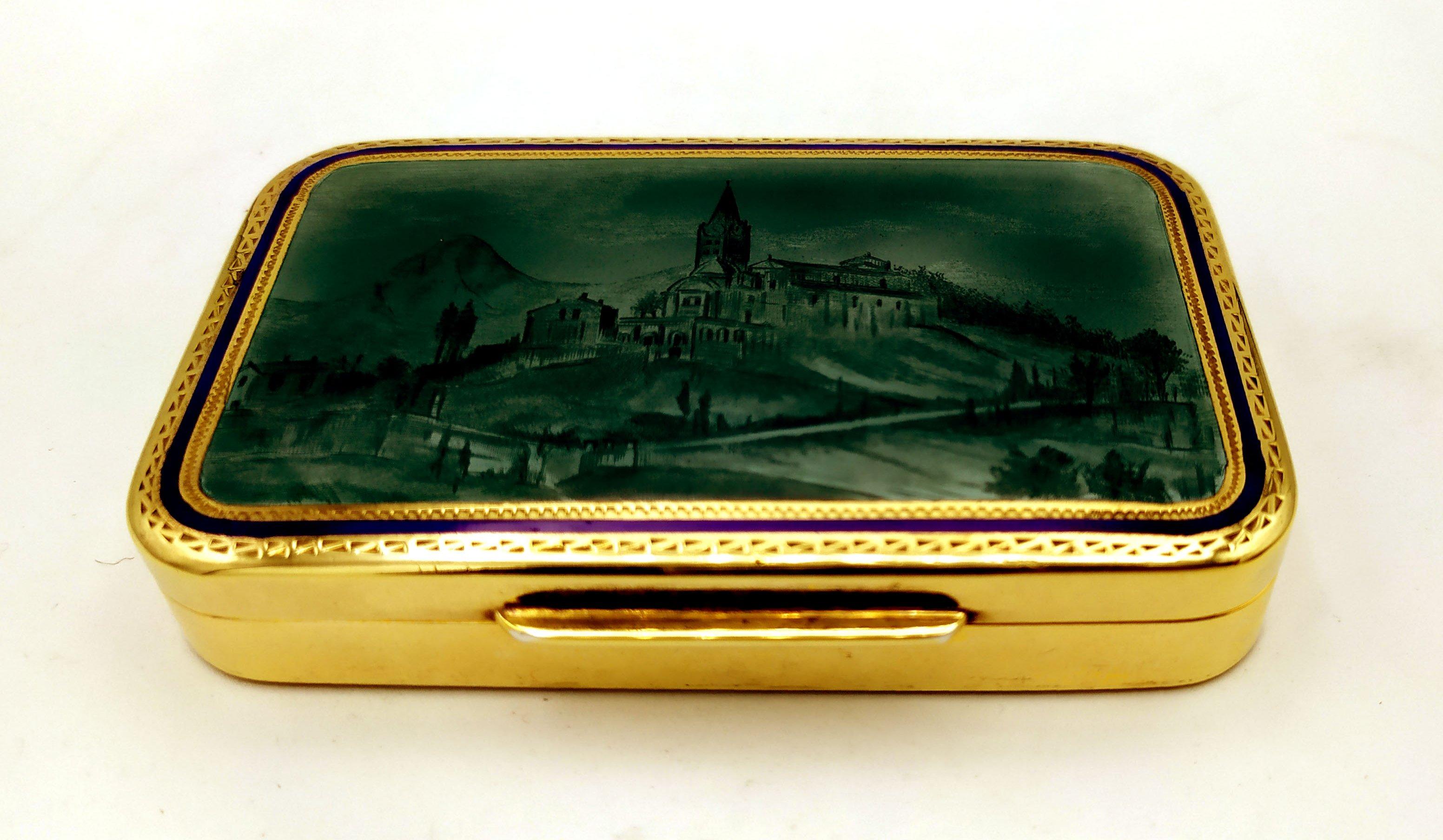 Rectangular table cigarette case with rounded corners in 925/1000 sterling silver gold plated with translucent fired enamel on a fine hand-engraved mountain landscape. Contemporary modern style. Dimensions cm. 5.7 x 9 x 1.5. Weight gr. 163. Designed