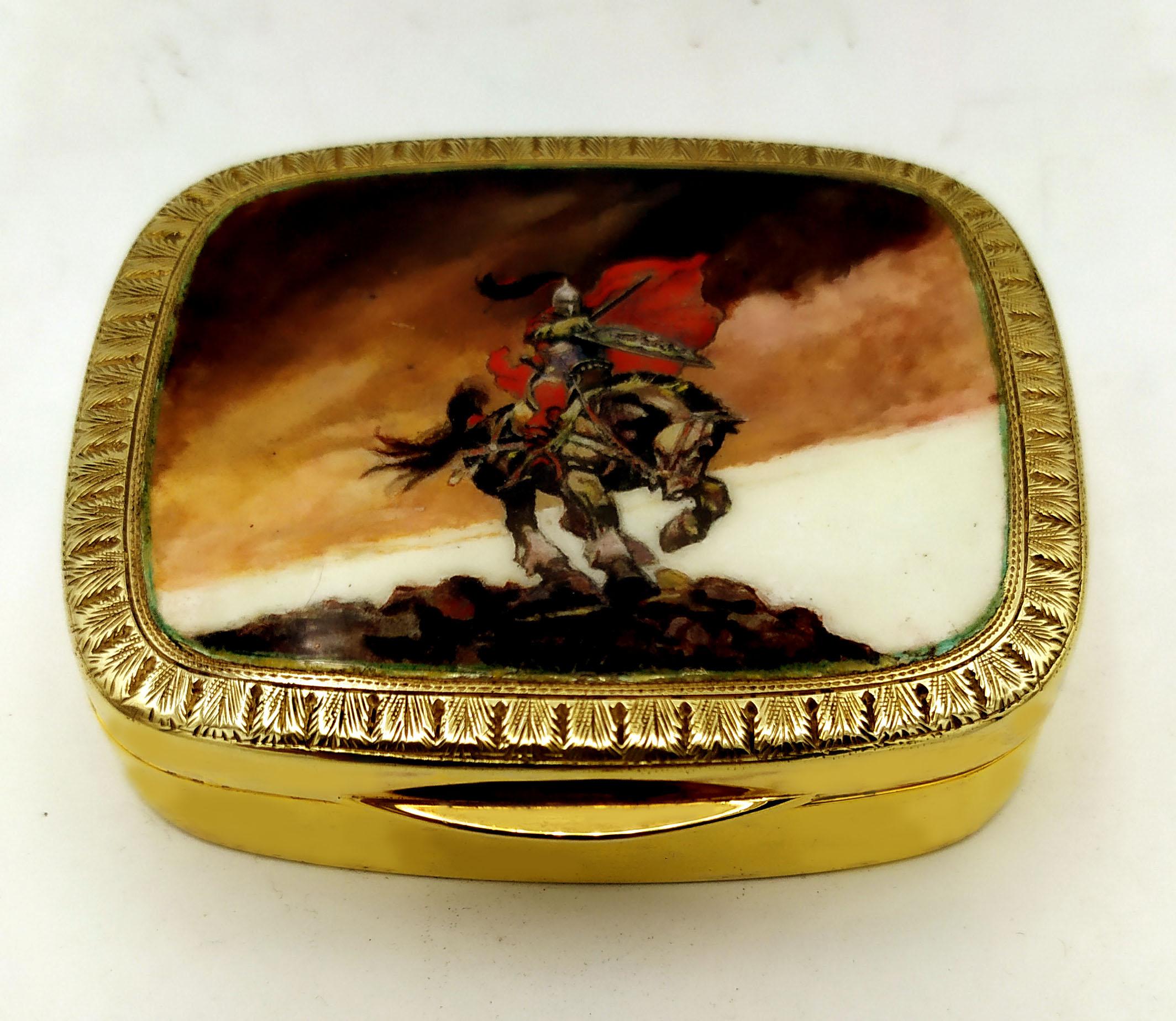 Rounded rectangular snuffbox in 925/1000 sterling silver gold plated with beautiful fire enamelled miniature hand painted by the painter Simone Dainelli inspired by the paintings of Boris Vallejo, in fantastic contemporary style, with hand-engraved