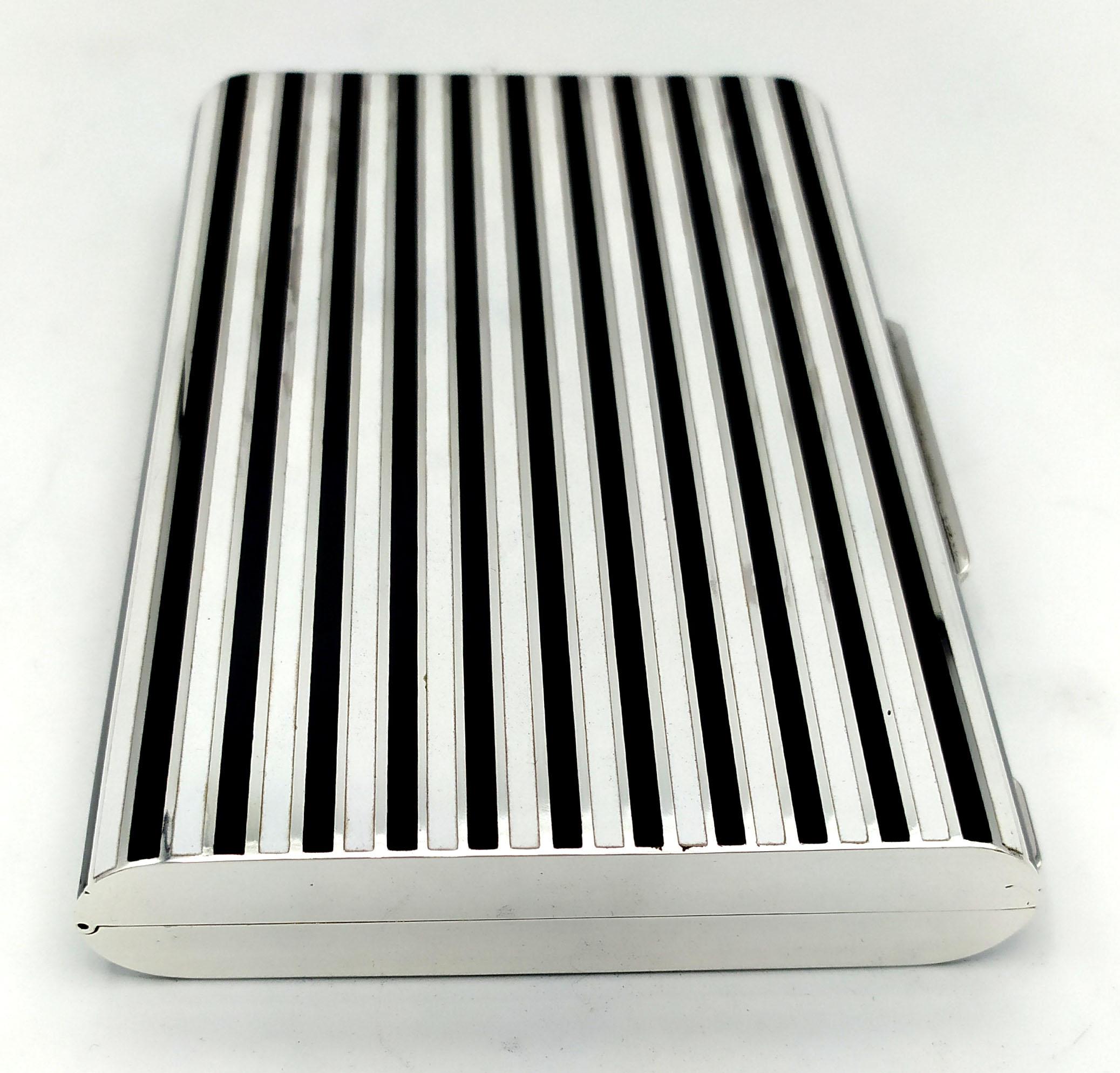 Hand-Painted Cigarette Case fired Enamel stripes in Art Deco style Sterling Silver Salimbeni For Sale