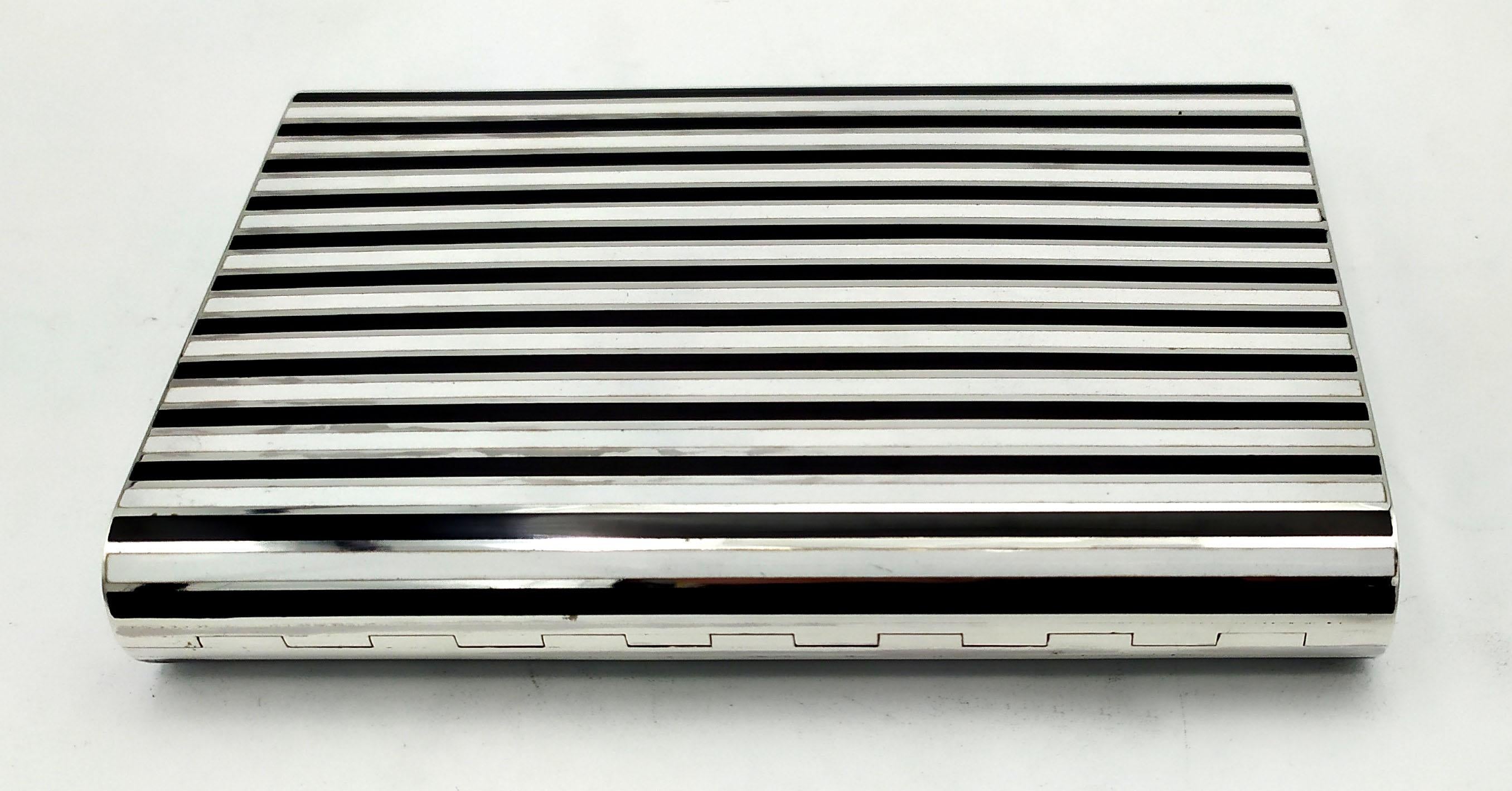 Cigarette Case fired Enamel stripes in Art Deco style Sterling Silver Salimbeni In Excellent Condition For Sale In Firenze, FI