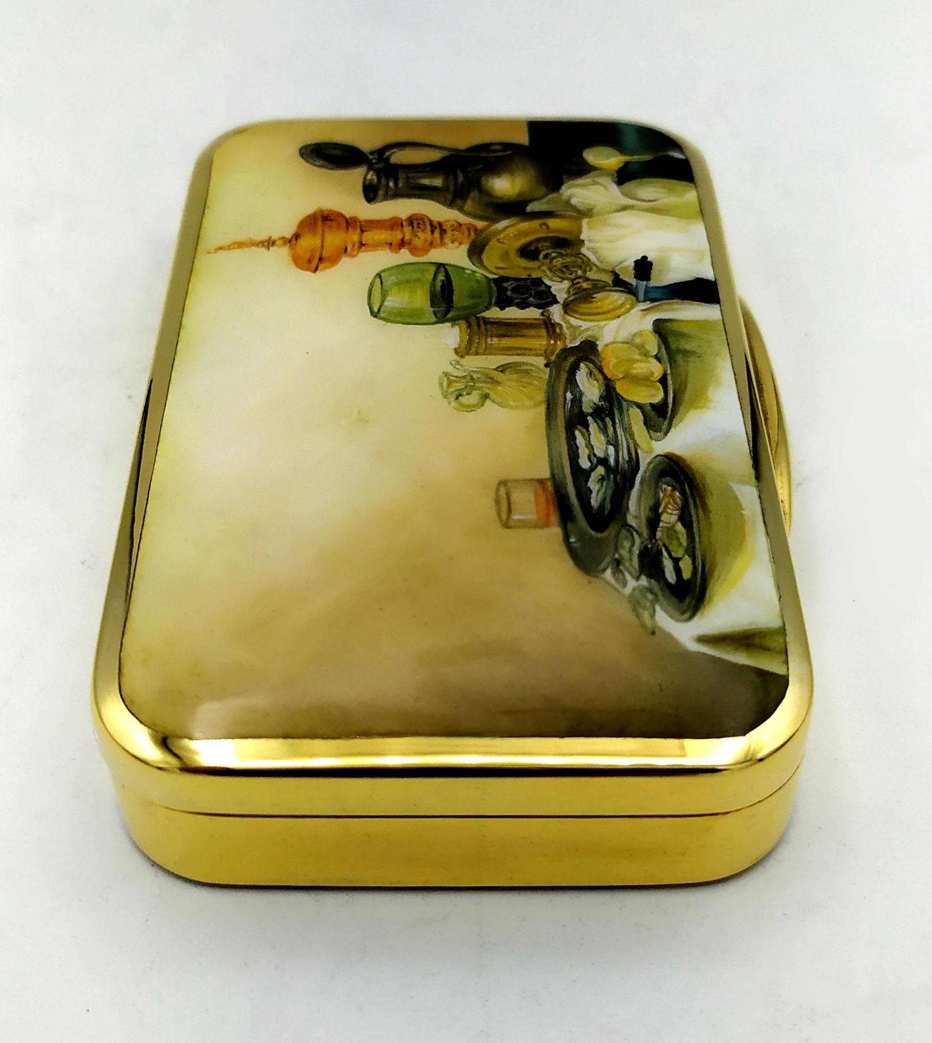 Italiano Portasigarette Smalto cotto con natura morta in miniatura in argento Salimbeni in vendita