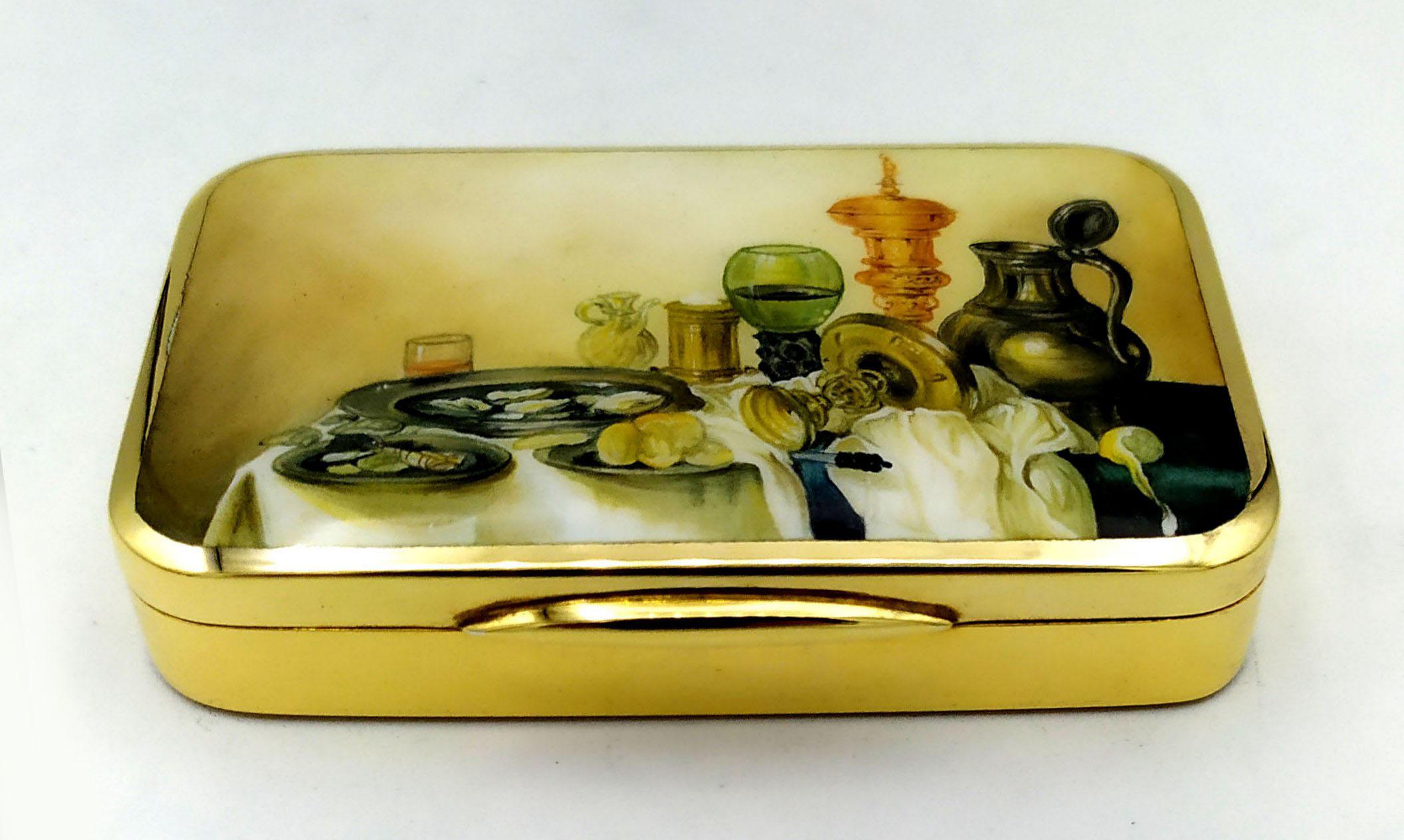 Mid-20th Century Cigarette Case Fired Enamel with Still Life Miniature Sterling Silver Salimbeni For Sale