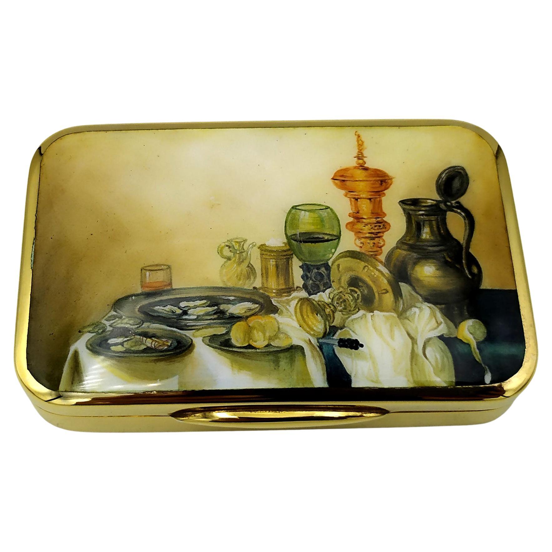 Cigarette Case Fired Enamel with Still Life Miniature Sterling Silver Salimbeni For Sale