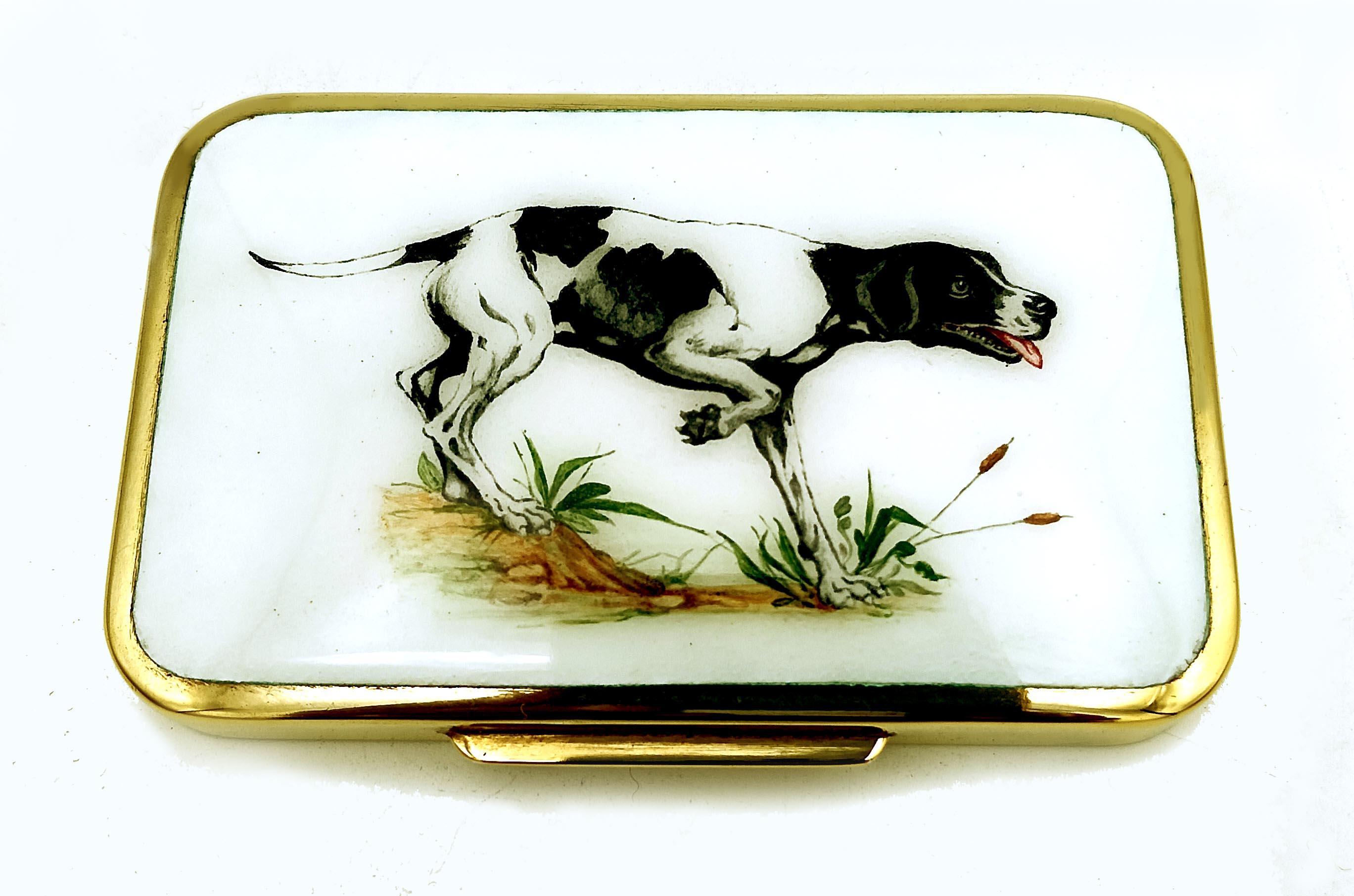 
Franco Salimbeni Gold-Plated Sterling Silver and Enamel Cigarette Case with Hunting Dog Miniature by Romano Buccioni, Florence, 1976

Exquisite rectangular cigarette case with softly rounded corners, crafted in 925/1000 sterling silver, gold