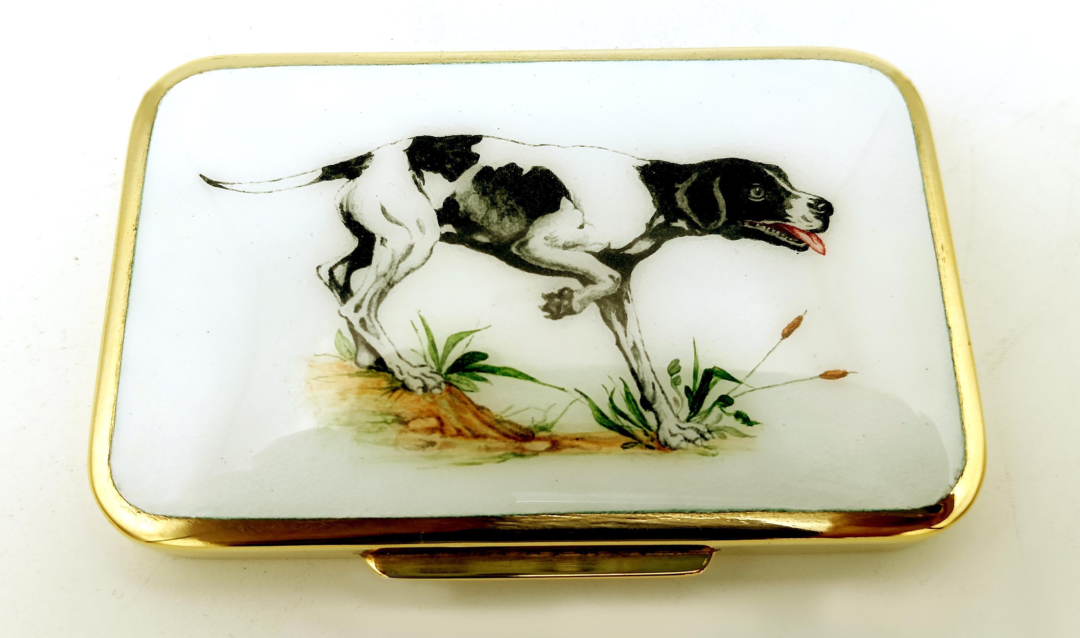 Italian Cigarette Case hunting dog on point Enamel Sterling Silver Art Nouveau Salimbeni For Sale