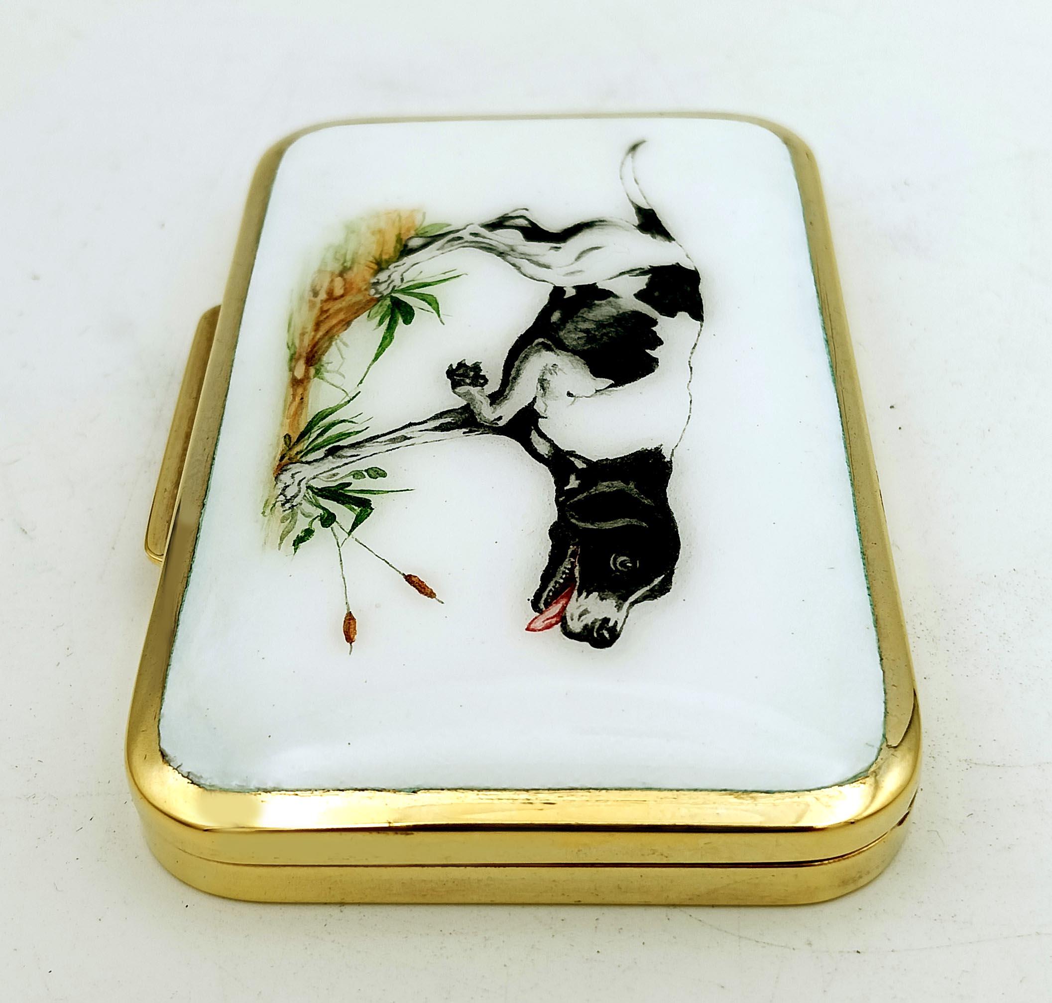 Late 20th Century Cigarette Case hunting dog on point Enamel Sterling Silver Art Nouveau Salimbeni For Sale