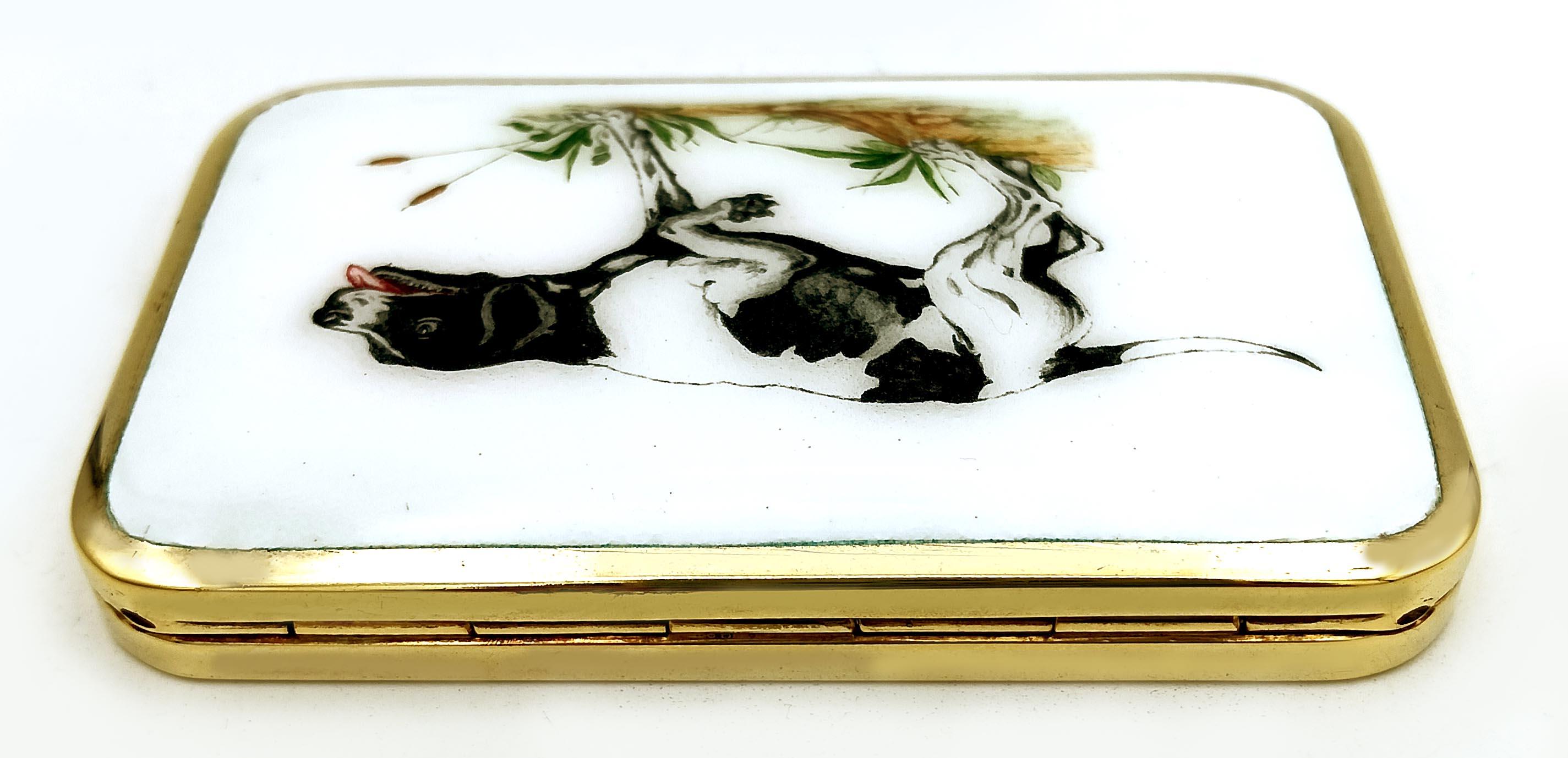 Gold Plate Cigarette Case hunting dog on point Enamel Sterling Silver Art Nouveau Salimbeni For Sale