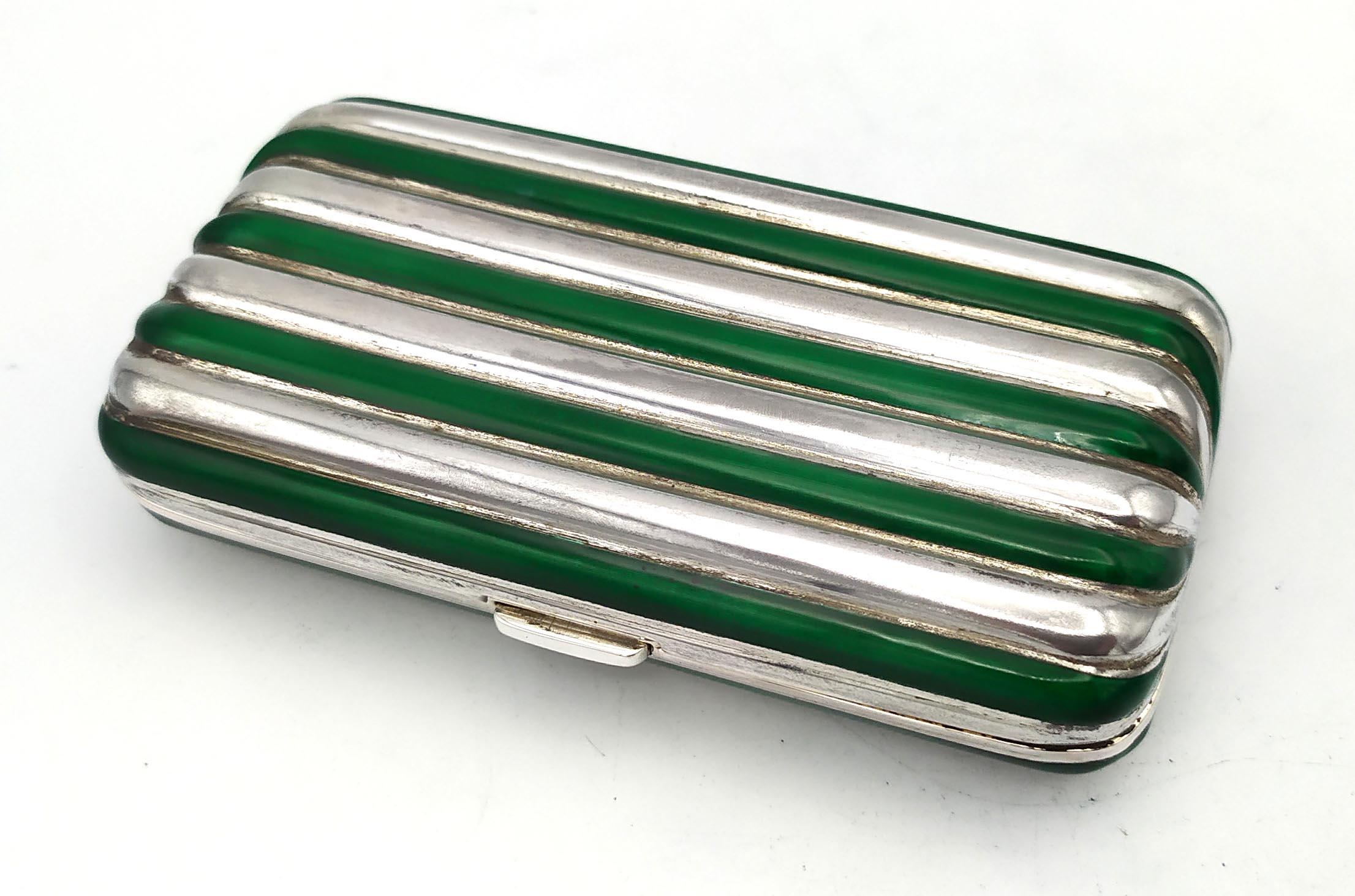 Cigarette Case rounded shaped green fired enamel lines Salimbeni