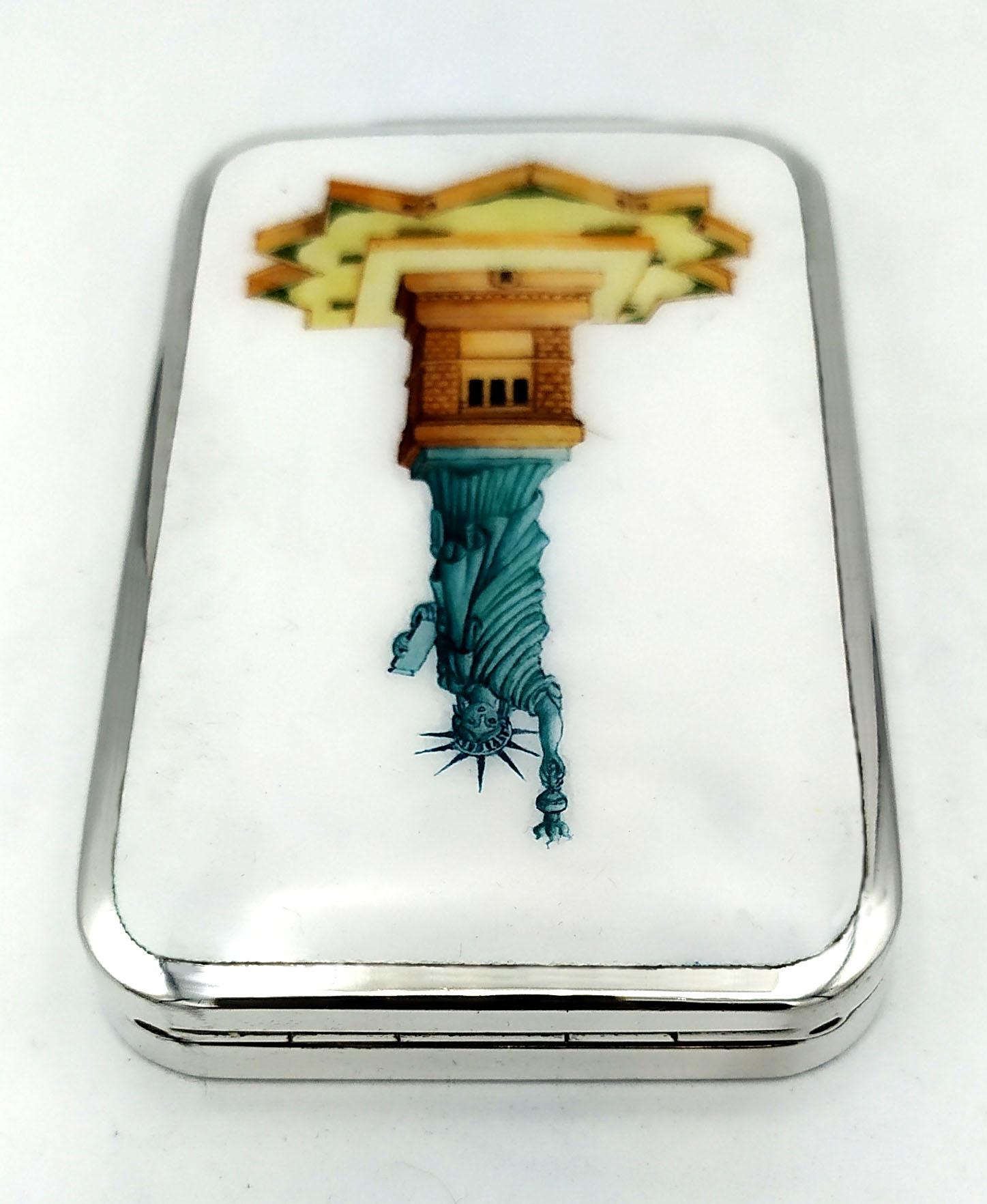 Art Deco Cigarette Case Statue of Liberty in New York hand painted Sterling Silver Enamel For Sale