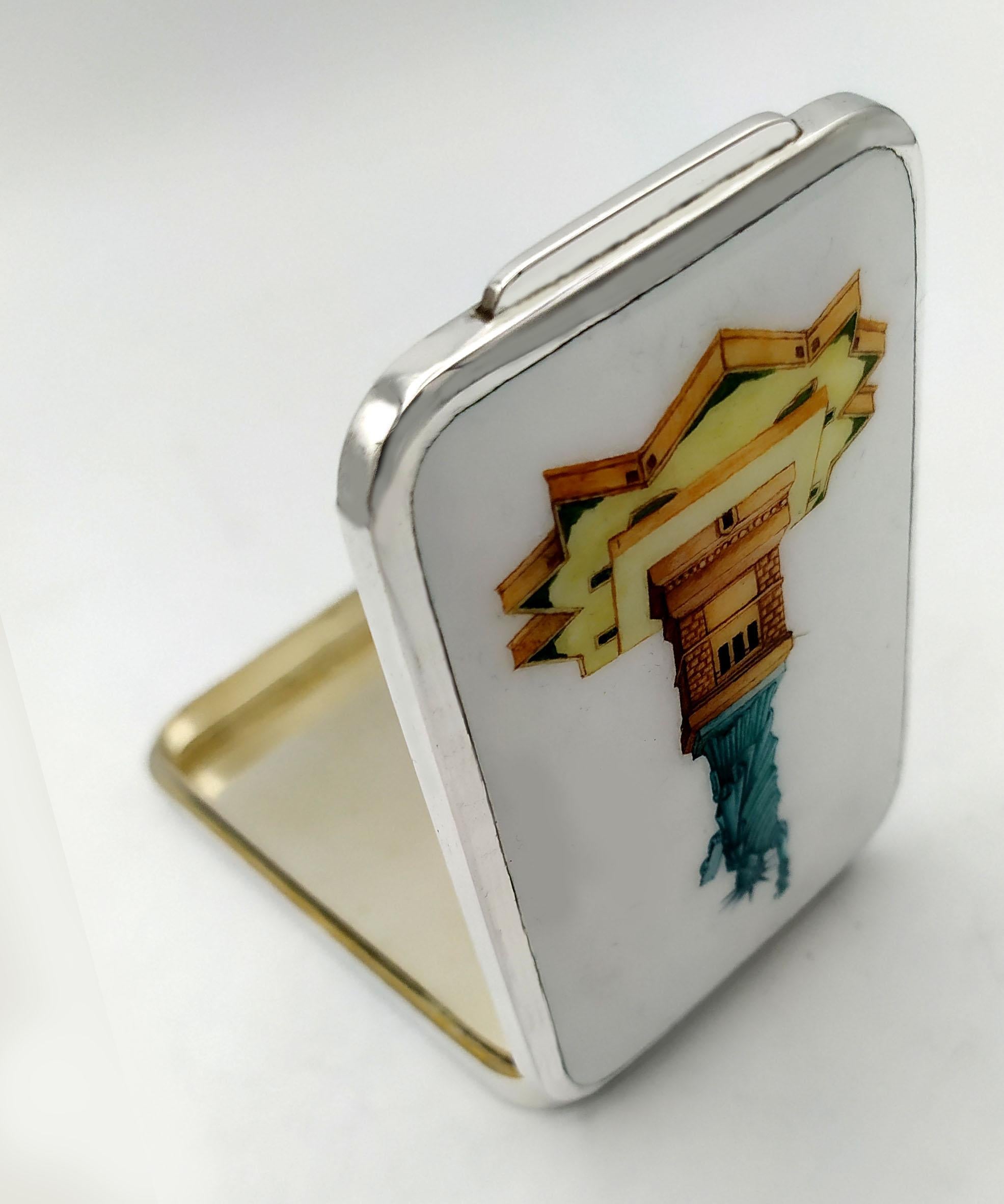 Italian Cigarette Case Statue of Liberty in New York hand painted Sterling Silver Enamel For Sale