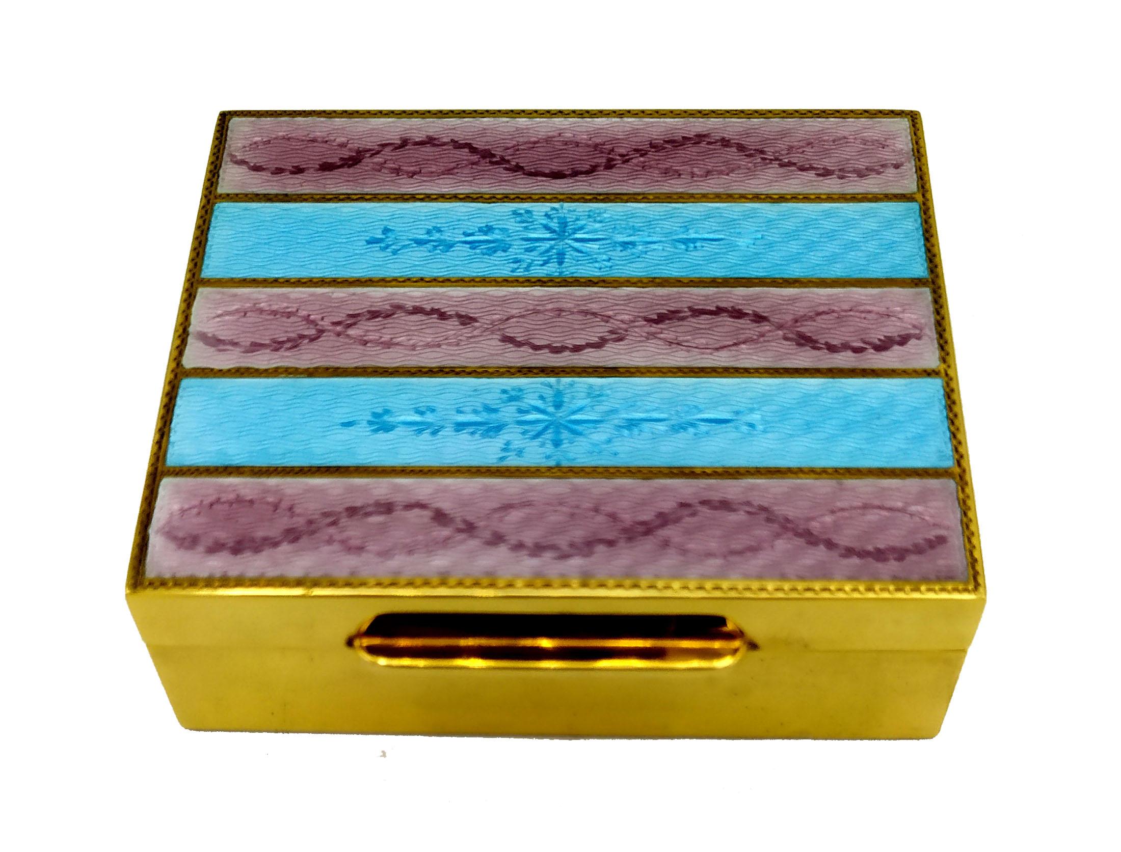 Rectangular table box in 925/1000 sterling silver gold plated with translucent two-tone striped fired enamel on guillochè and hand-engraved ornament. Late Empire Napoleon III style. Dimensions cm. 6.4 x 7.5 x 2.4. Weight gr. 219. Designed by Franco