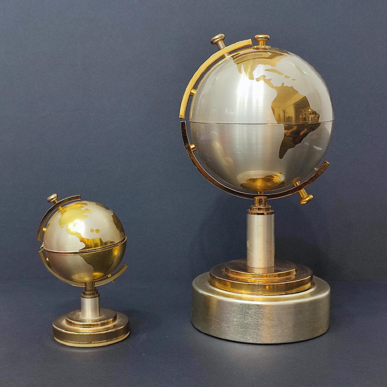 Mid-20th Century Cigarette Holder Musical World Globe and Globe Lighter, Brass, Germany, 1960s