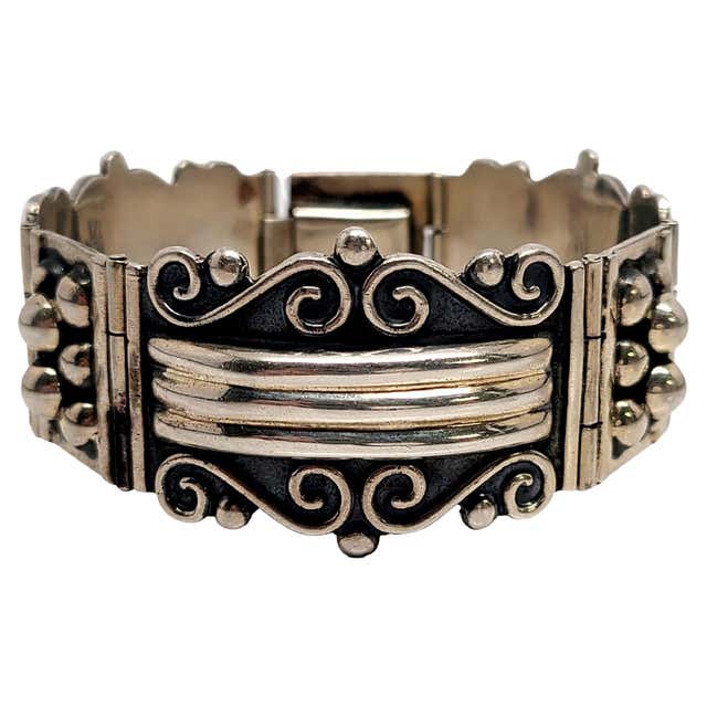 Sterling Silver Filigree Hinged Panel Link Bracelet For Sale at 1stDibs