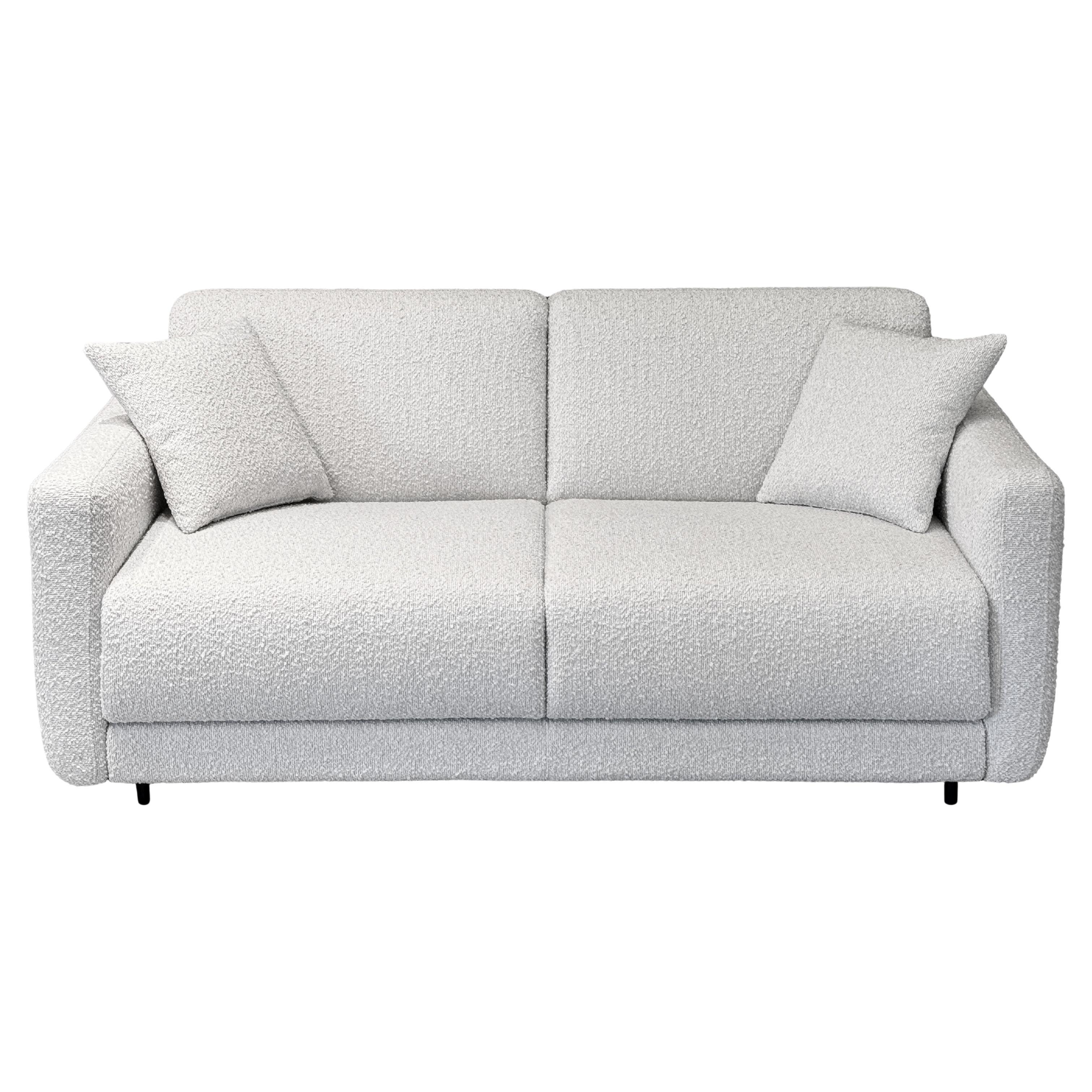 Sofá cama Cilantro en acabado boucle, mecanismo italiano, colchón de 15 cm