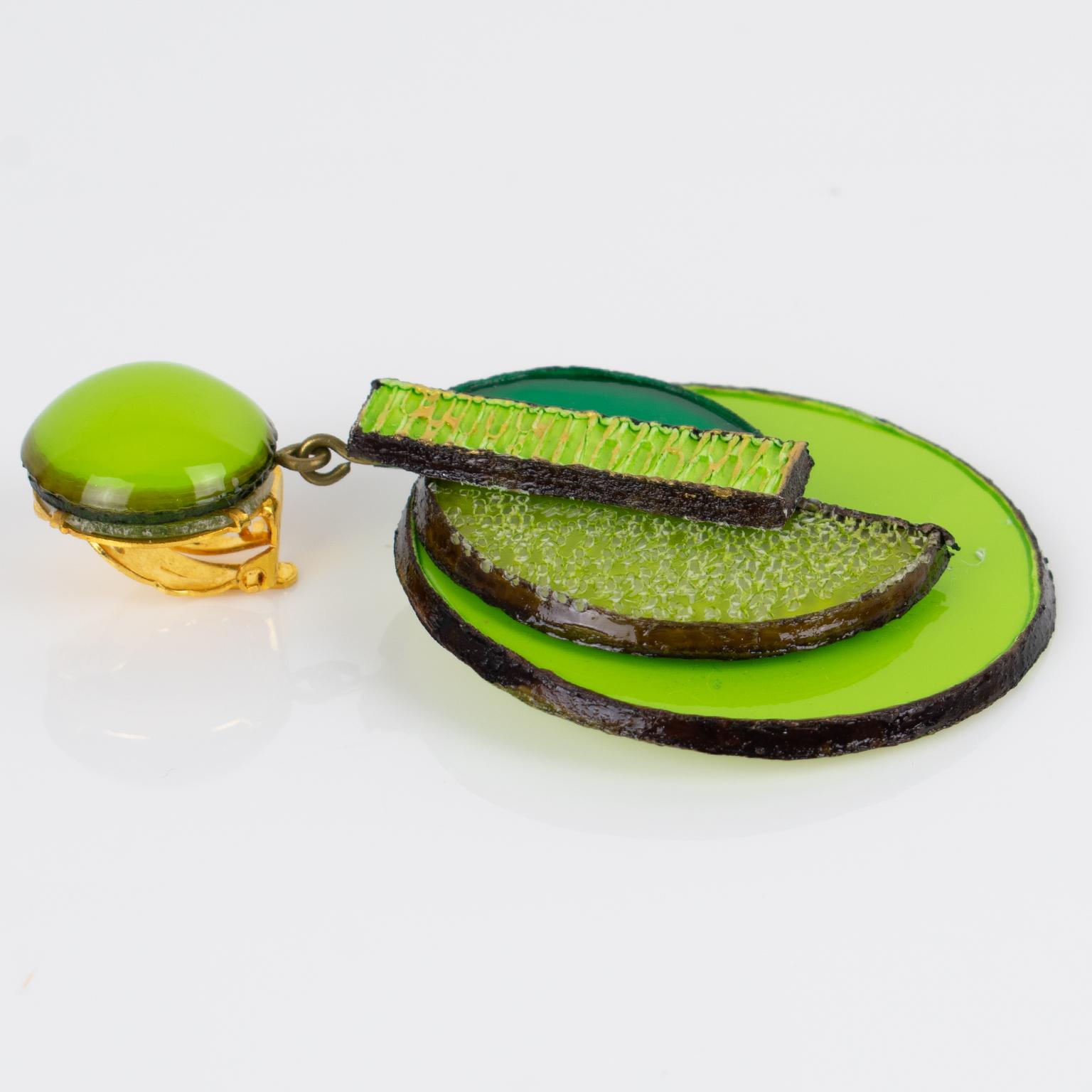 Cilea Paris Geometric Green Resin Clip Earrings For Sale 1