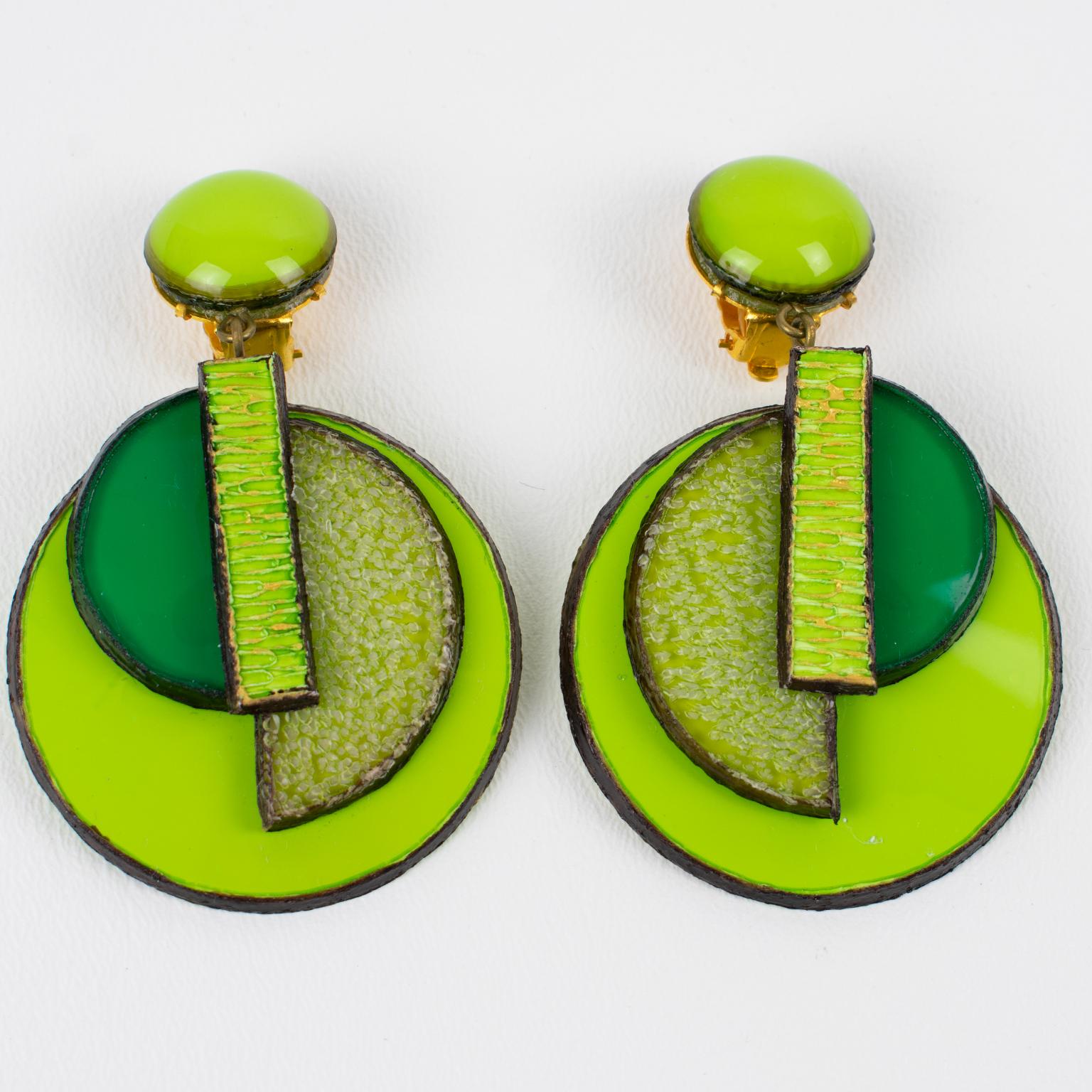 Cilea Paris Geometric Green Resin Clip Earrings For Sale 3