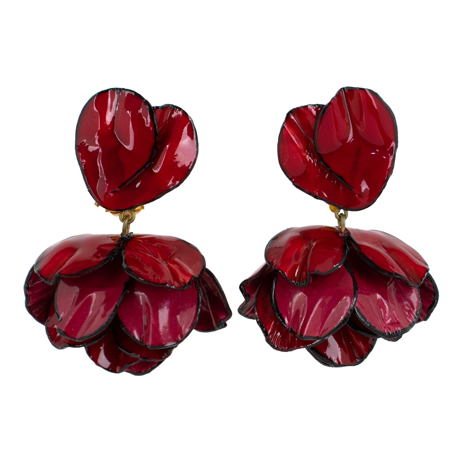 Cilea Dangle Clip Earrings Dark Red Poppy Flowers