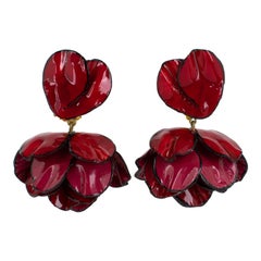 Cilea Dangle Clip Earrings Dark Red Poppy Flowers