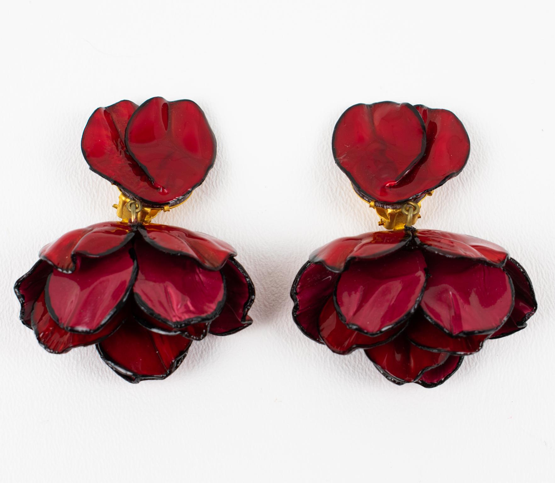 Modern Cilea Dangle Clip Earrings Dark Red Poppy Flowers For Sale