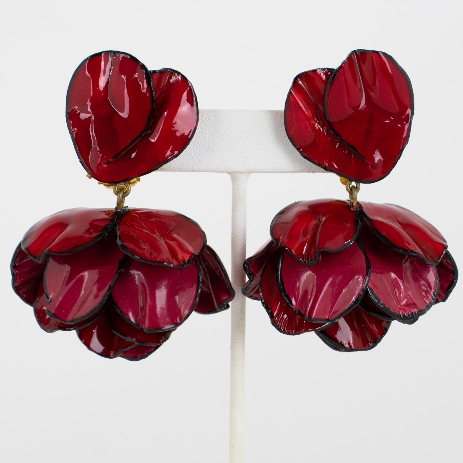 Cilea Dangle Clip Earrings Dark Red Poppy Flowers For Sale 2
