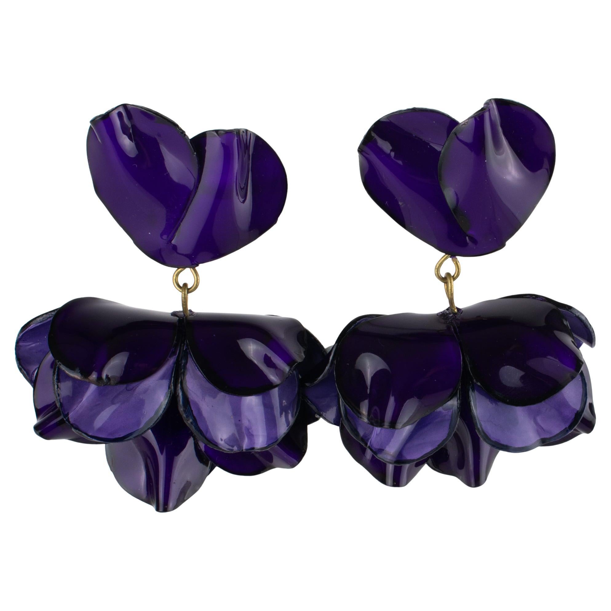 Cilea Dangle Pierced Earrings Deep Purple Resin Poppy Flowers