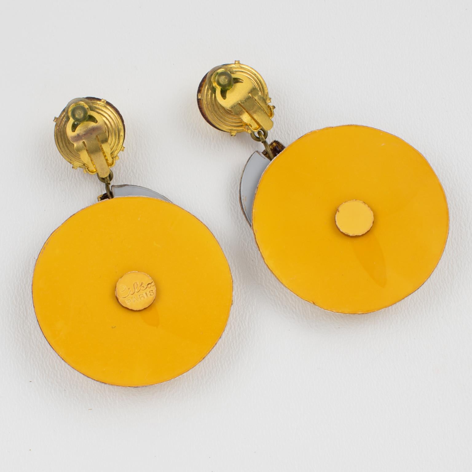 Women's or Men's Cilea Paris Art Deco Inspired Dangle Resin Clip Earrings