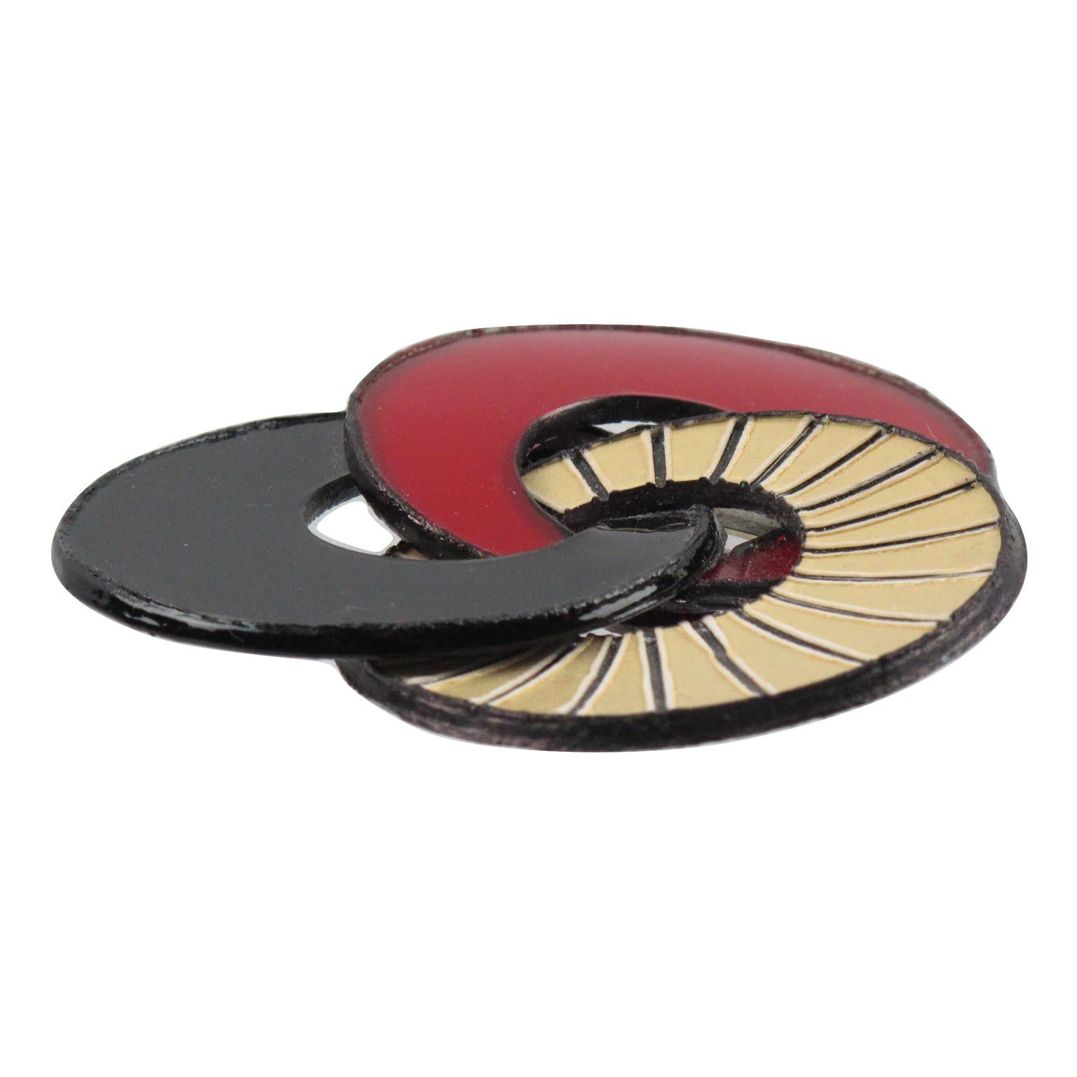 Cilea Paris Art Deco Inspired Red & Black Resin Pin Brooch 1