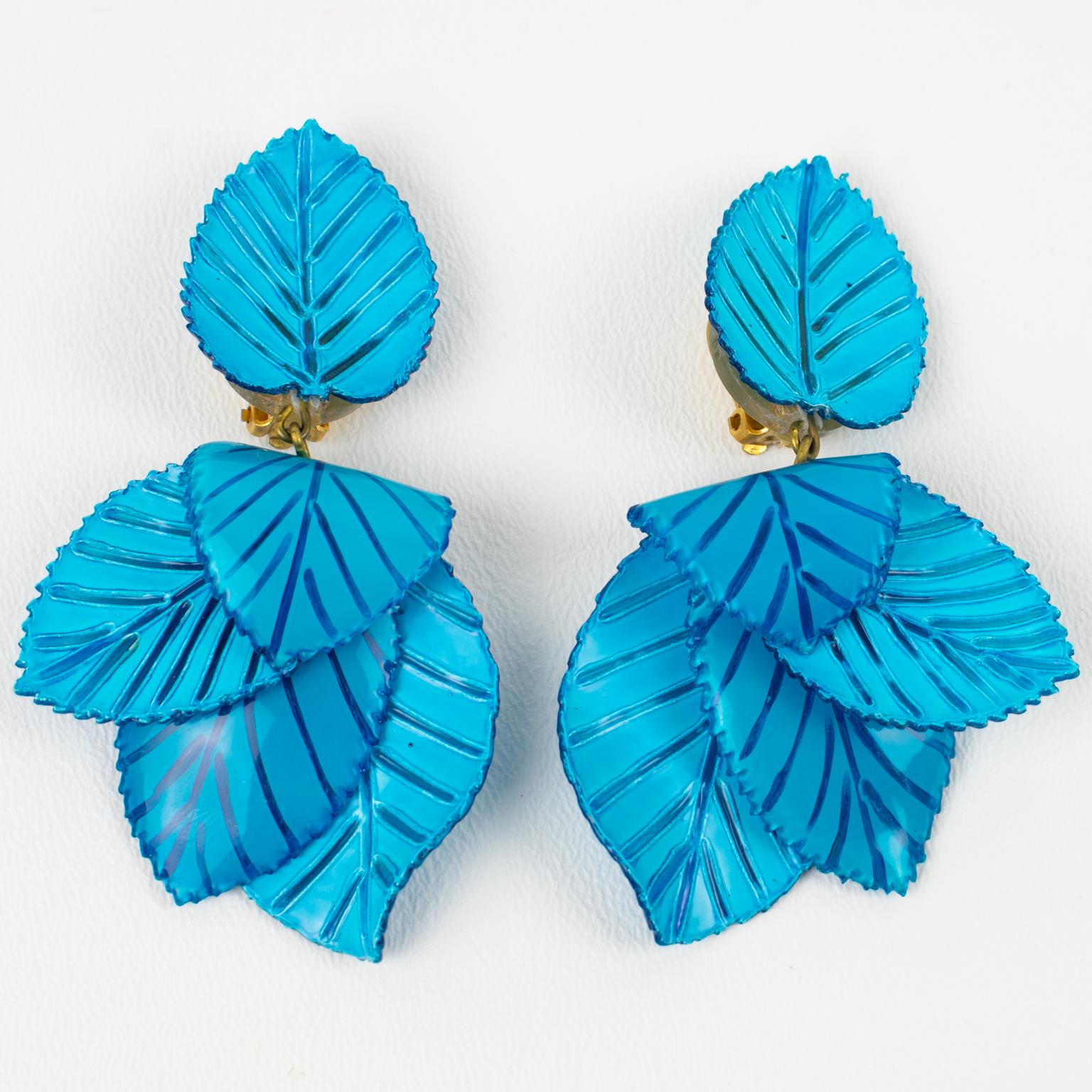 Modern Cilea Paris Blue Floral Dangle Earrings For Sale