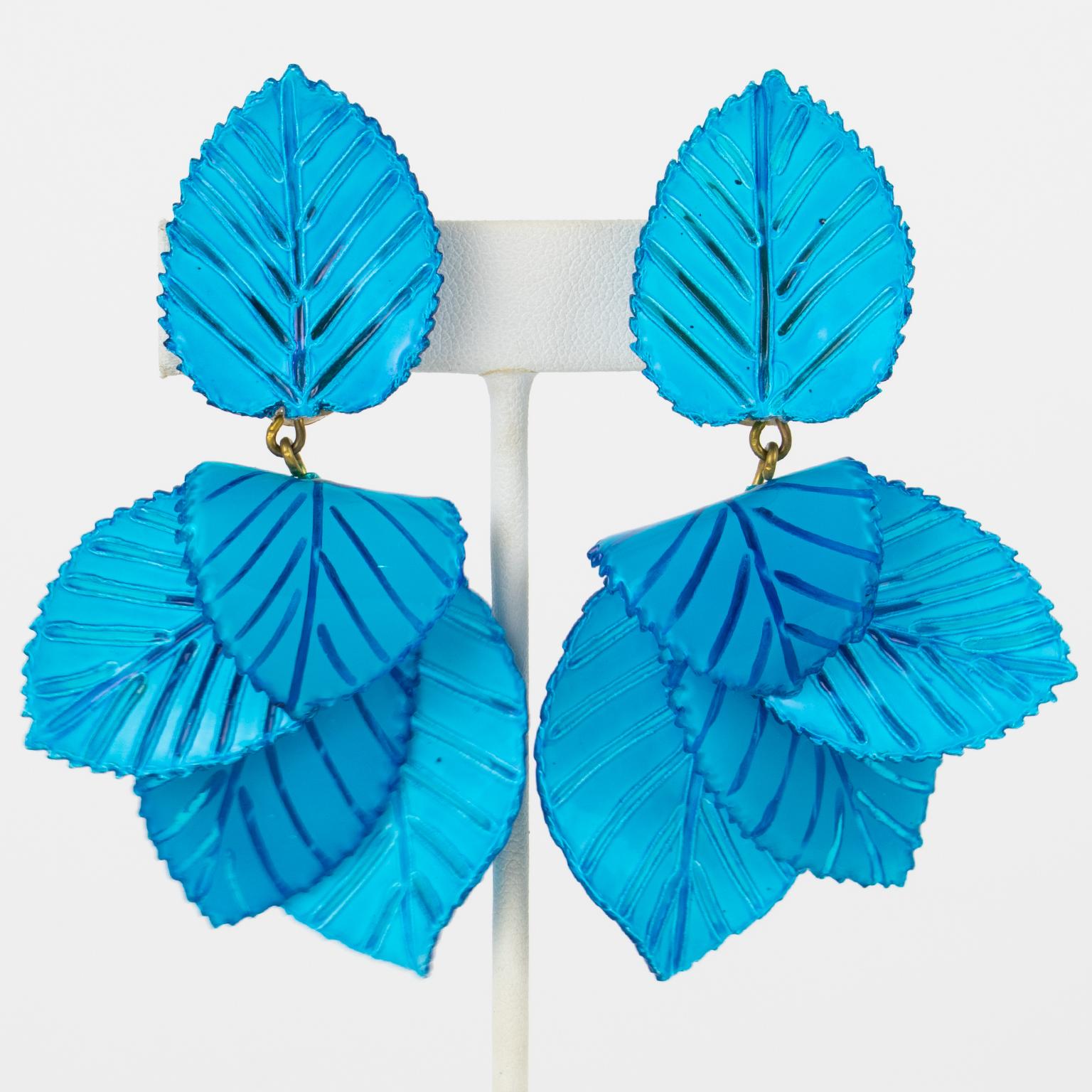 Cilea Paris Blue Floral Dangle Earrings For Sale 2