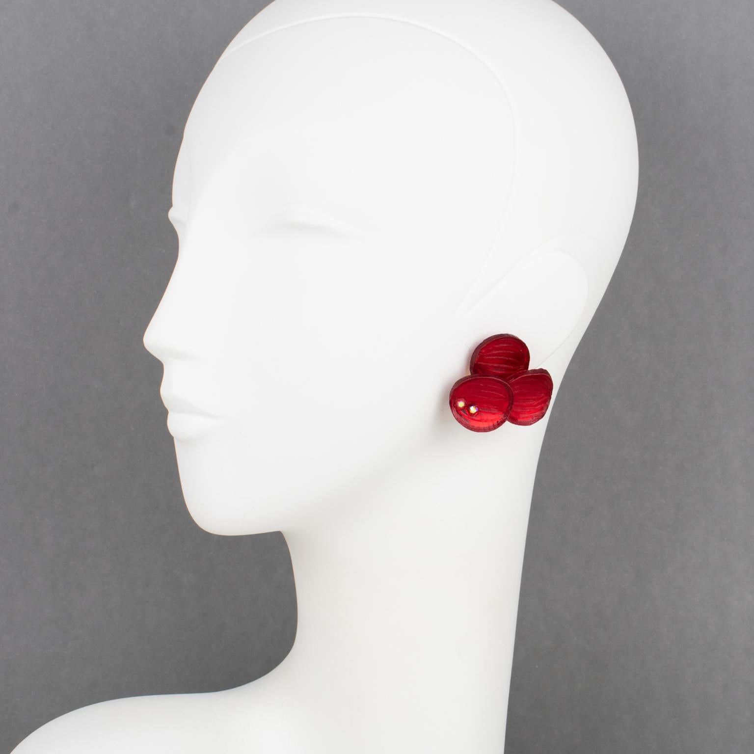 Pendientes de clip florales rojo carmín Cilea Paris Moderno en venta