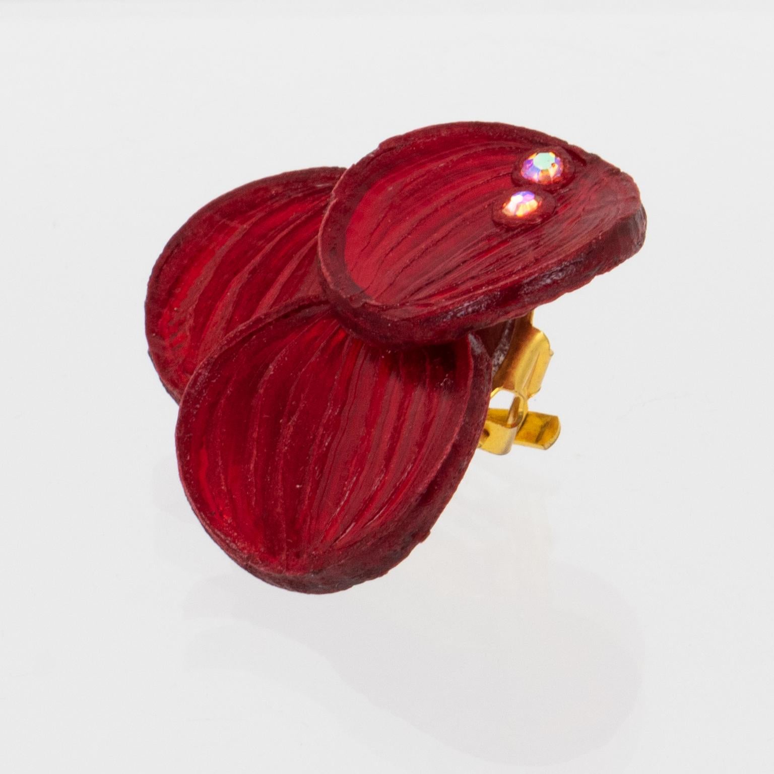 Pendientes de clip florales rojo carmín Cilea Paris en venta 1